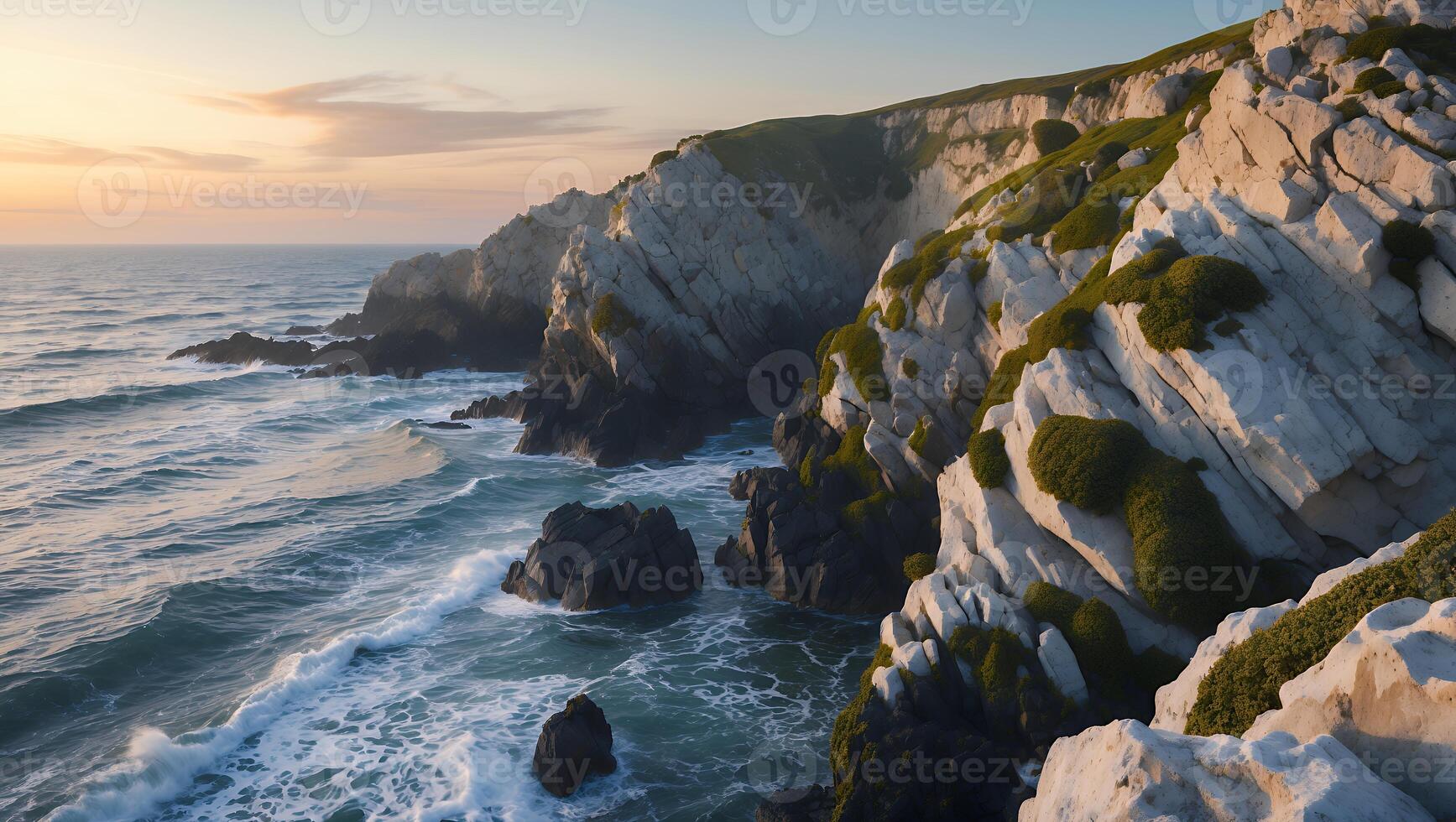 Waves Crashing on Rocky Coastline at Sunset with Cliffside Vegetation photo