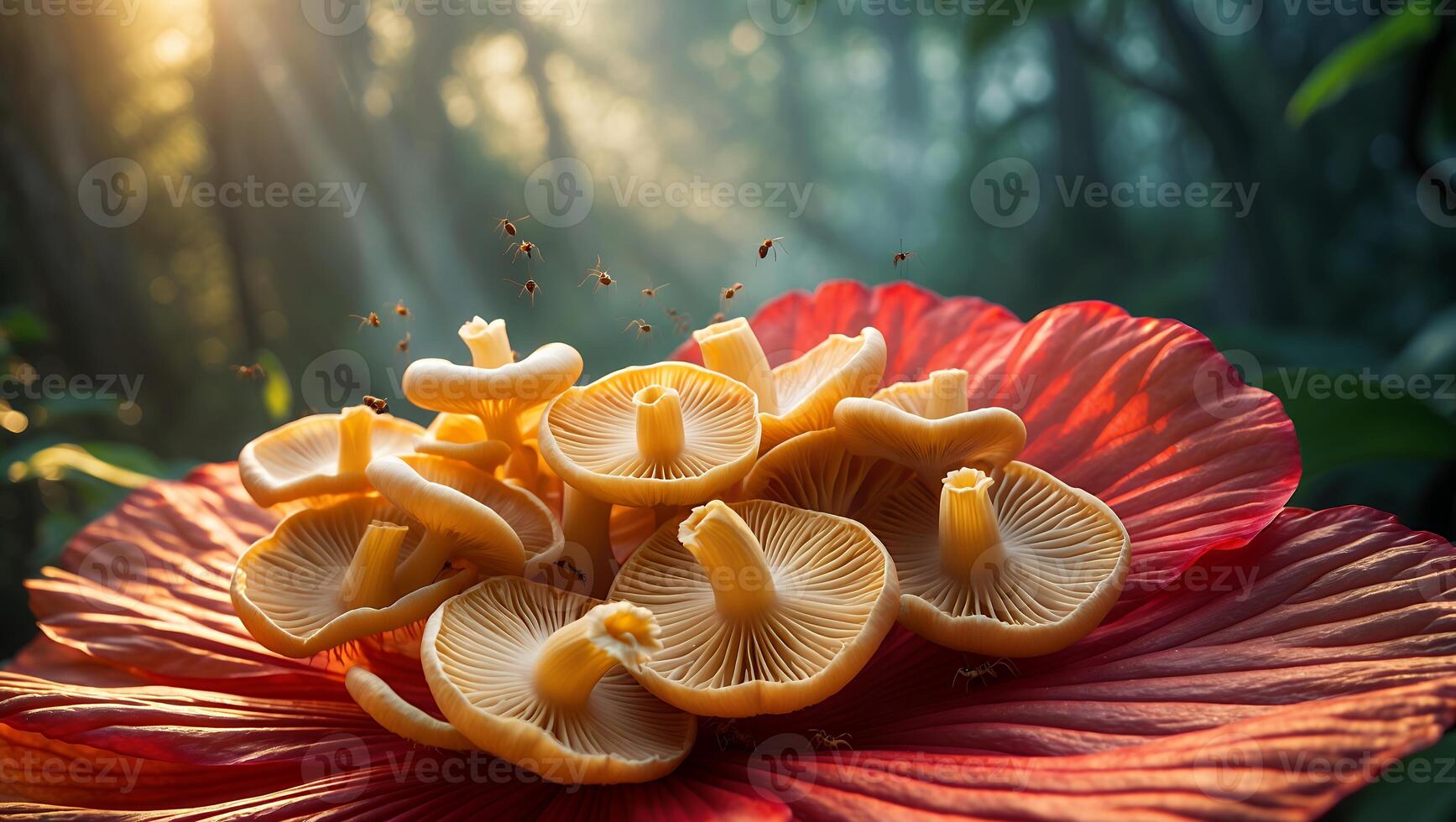 Mushrooms Resting on Red Leaf Surrounded by Forest and Insects photo