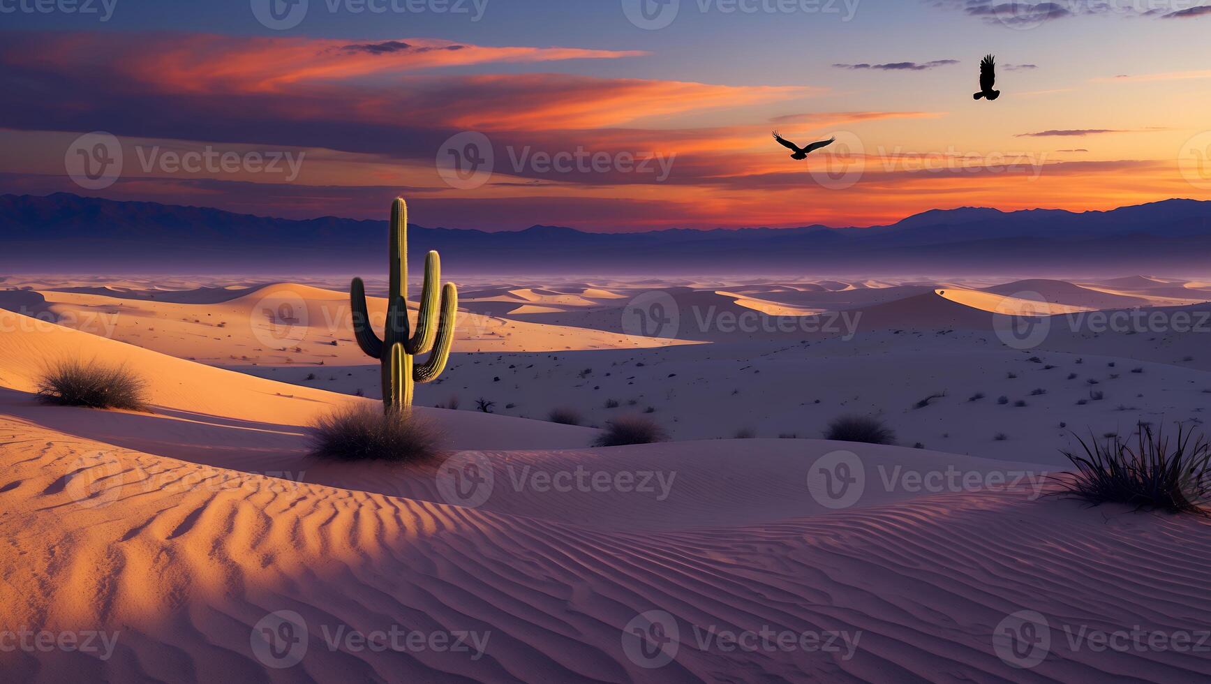 Cactus in Desert Sand Dunes with Colorful Sunset Sky Birds Flying photo