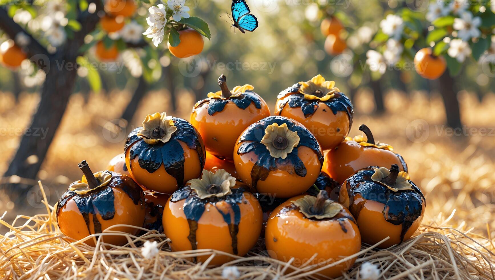 Pile of Persimmons with Drizzled Topping in Orchard with Butterfly photo