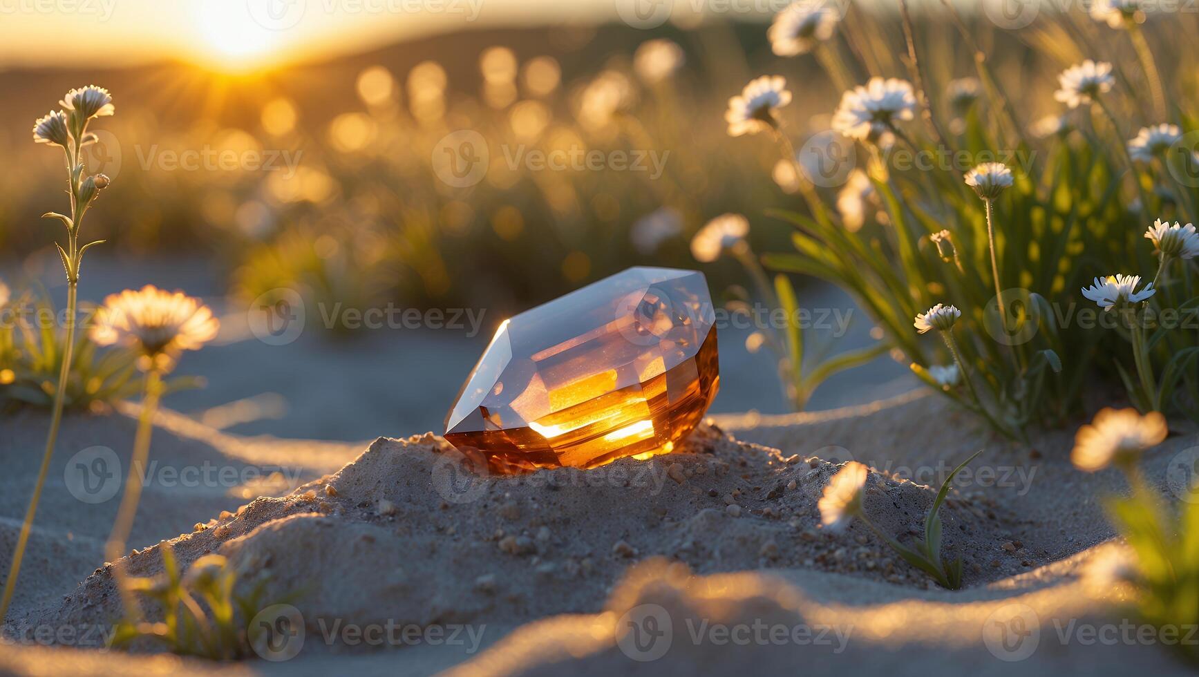 Glowing Gemstone on Sandy Beach at Sunset Surrounded by Wildflowers photo