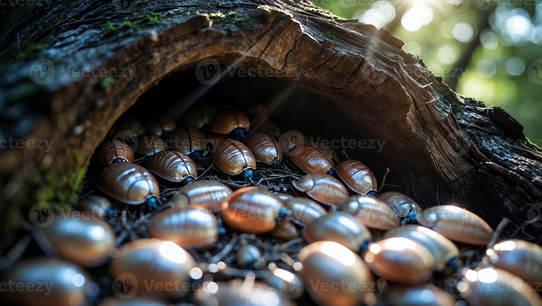 Insects Gathering Inside a Hollow Log in a Forest Clearing photo
