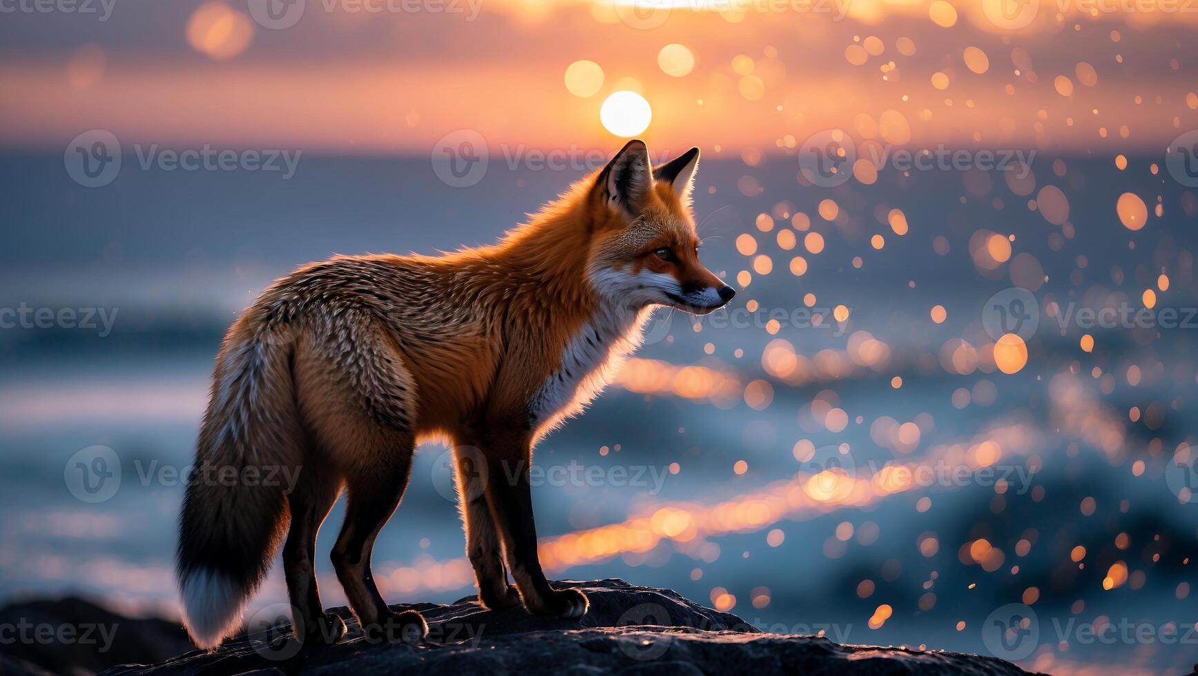 Fox Standing on Rock Overlooking Water with Golden Light at Sunset photo