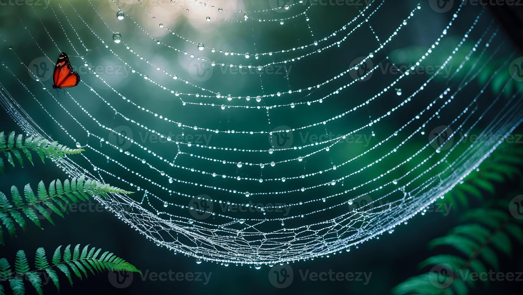 Intricate Spiderweb with Water Droplets and Butterfly in Forest photo