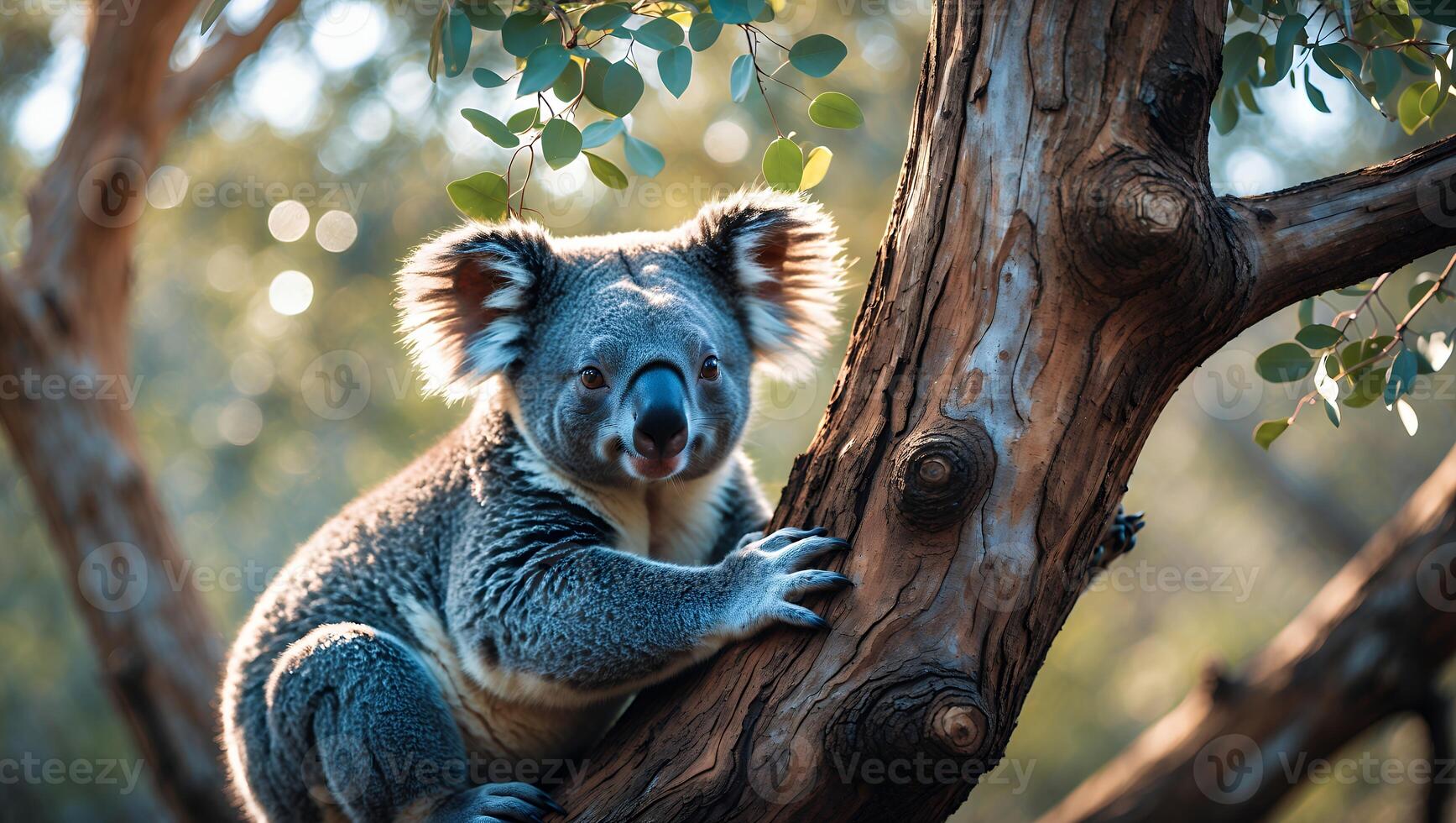 Koala Bear Climbing Tree Branch with Green Leaves and Soft Lighting photo
