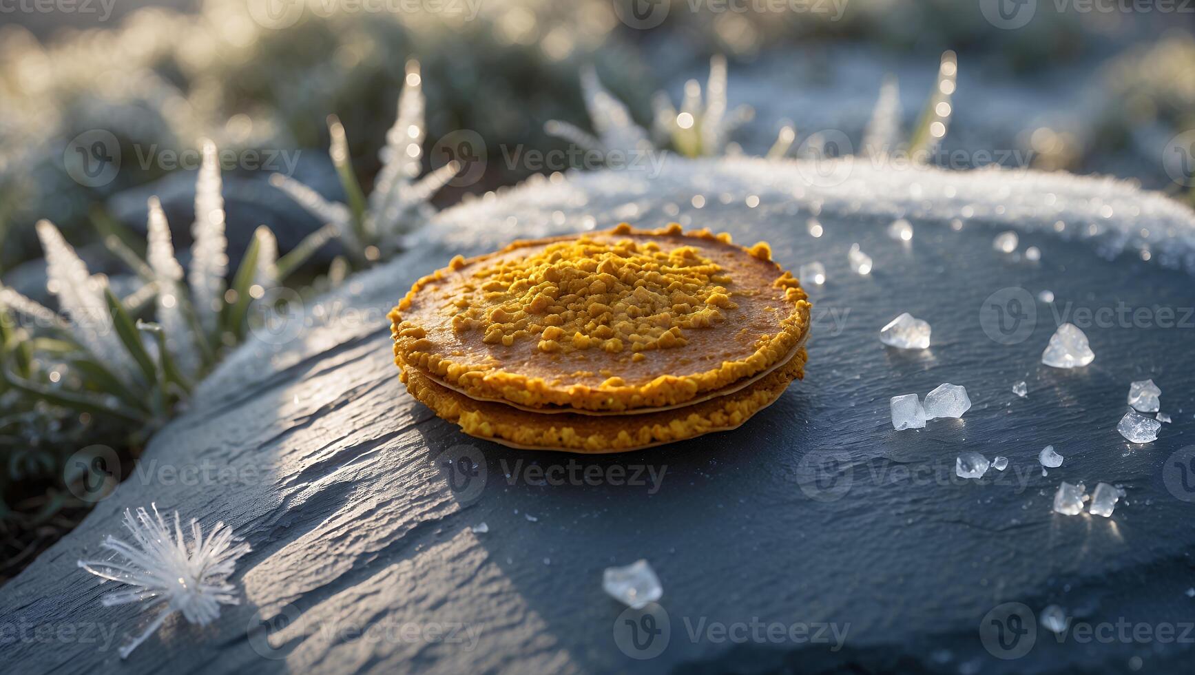 Cookie Snack on Stone Slate with Ice Crystals Outdoors in Winter photo