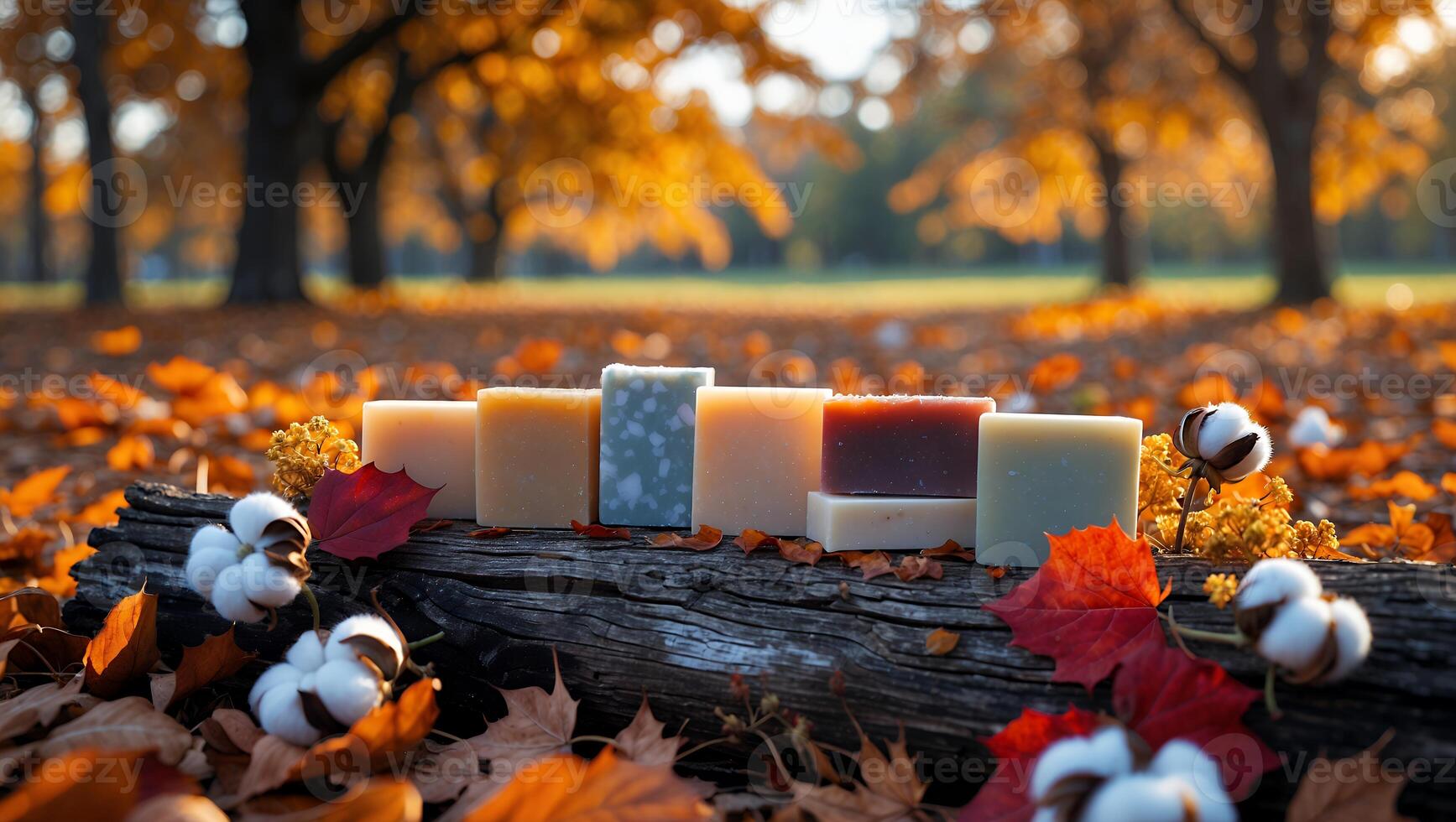 Displaying Assorted Soaps on a Log Surrounded by Autumn Leaves photo