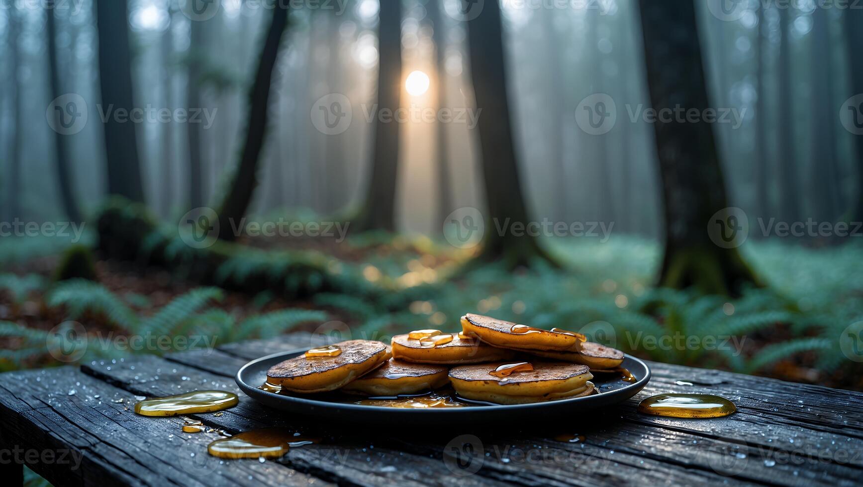 Stack of Pancakes with Syrup on Wooden Table in Forest Scene photo