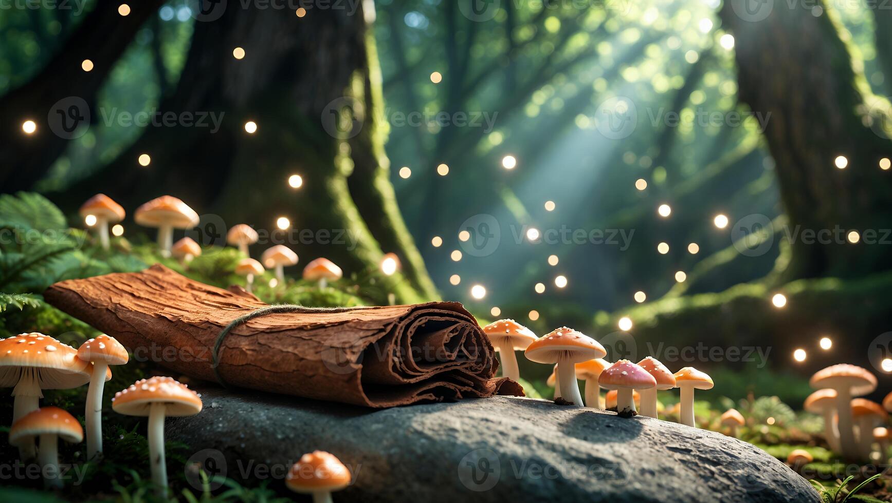 Rolled Bark Message on Rock Surrounded by Mushrooms in Forest photo
