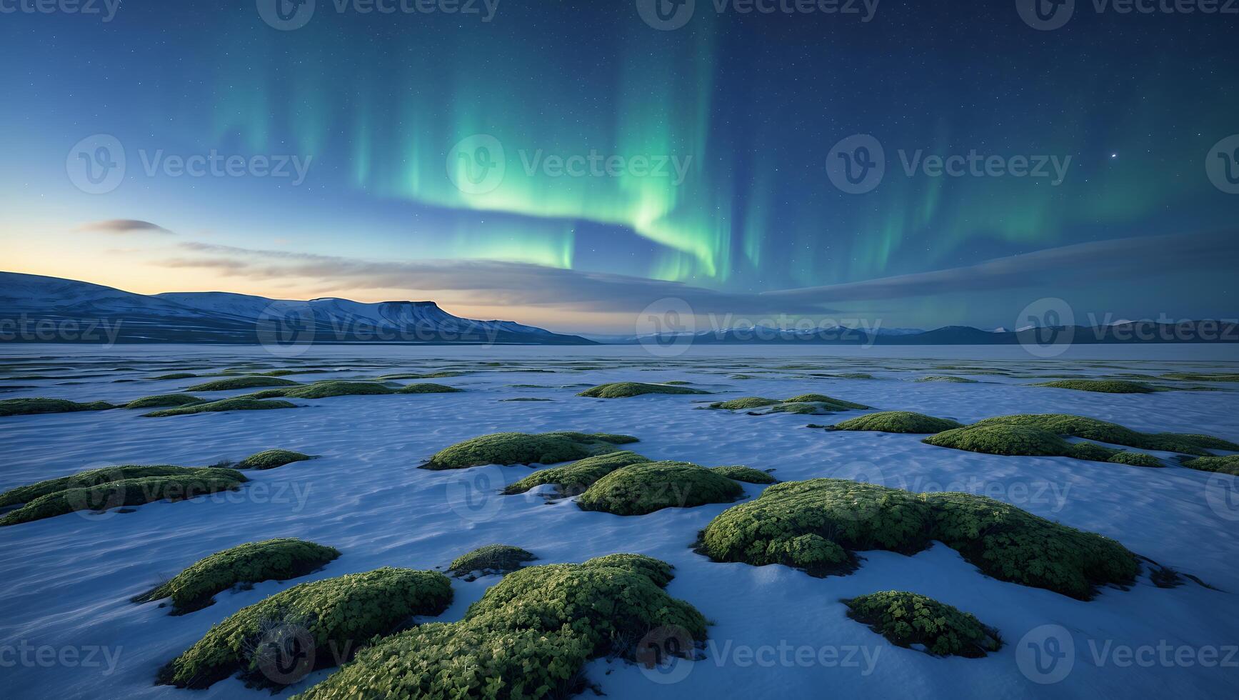 Dramatic Northern Lights Over Snowy Plain with Patches of Greenery photo