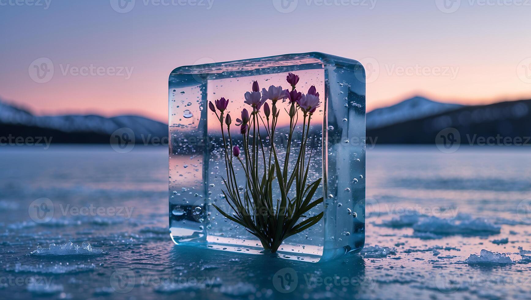 Flower Frozen in Ice Cube on Frozen Lake at Sunset photo