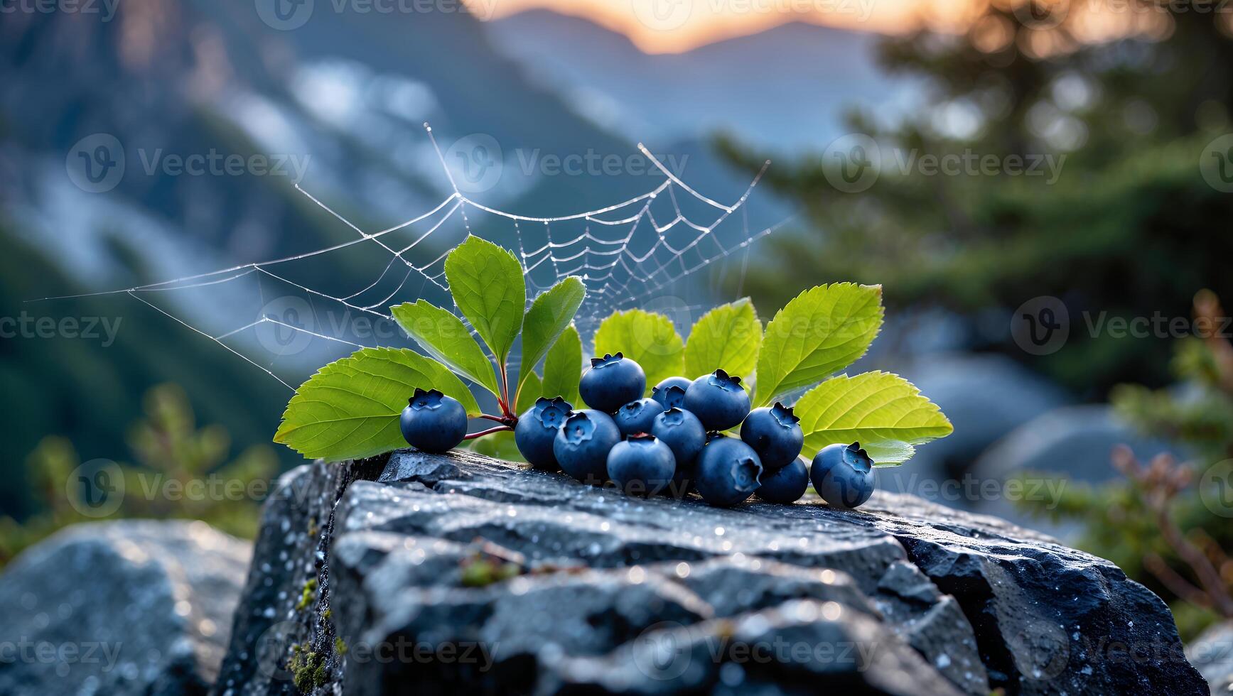 Blueberries on a Rock Outcrop with Spiderweb in Mountain Setting photo