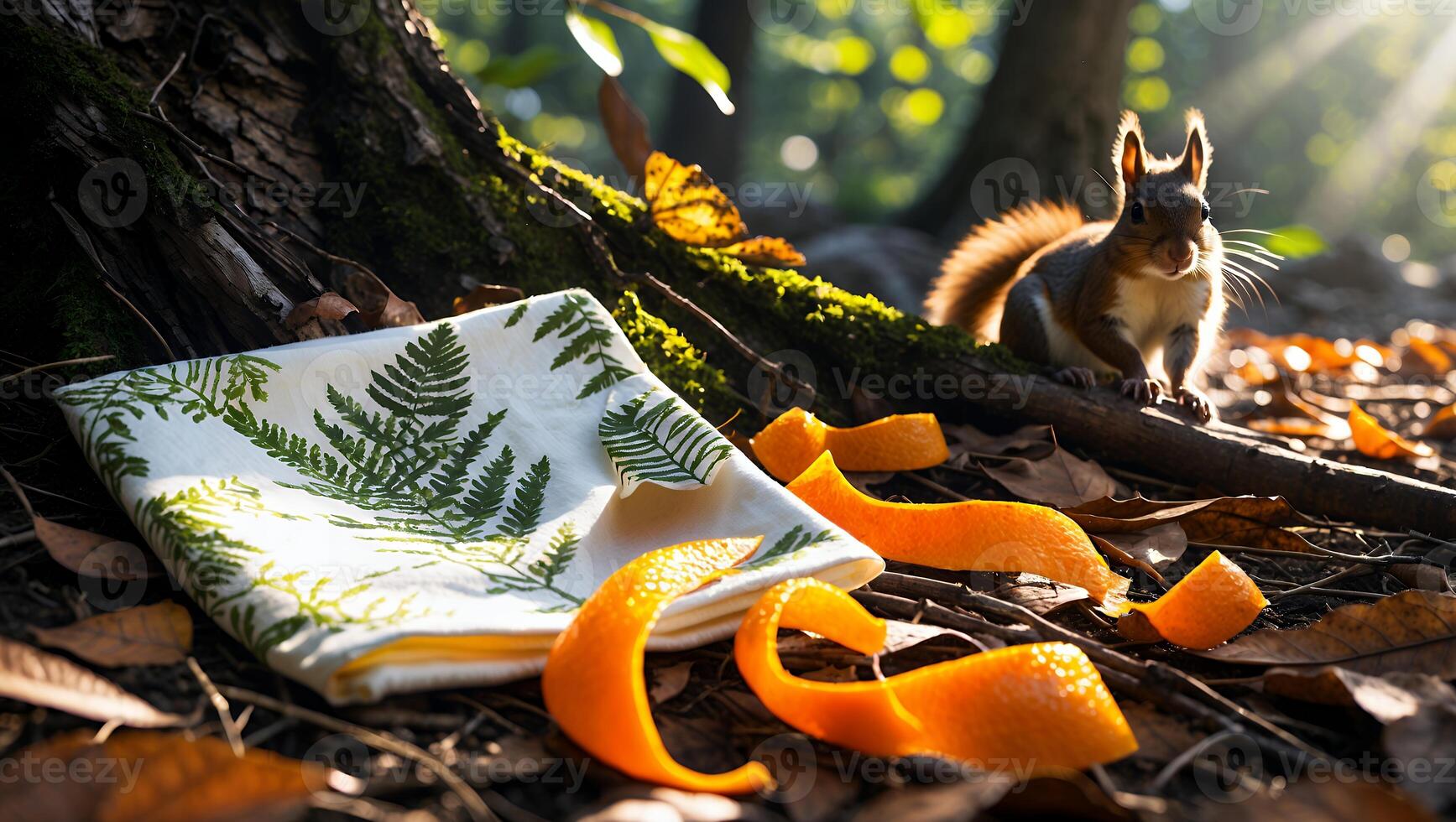 Squirrel Searching for Food in Forest Next to Fern Napkin photo