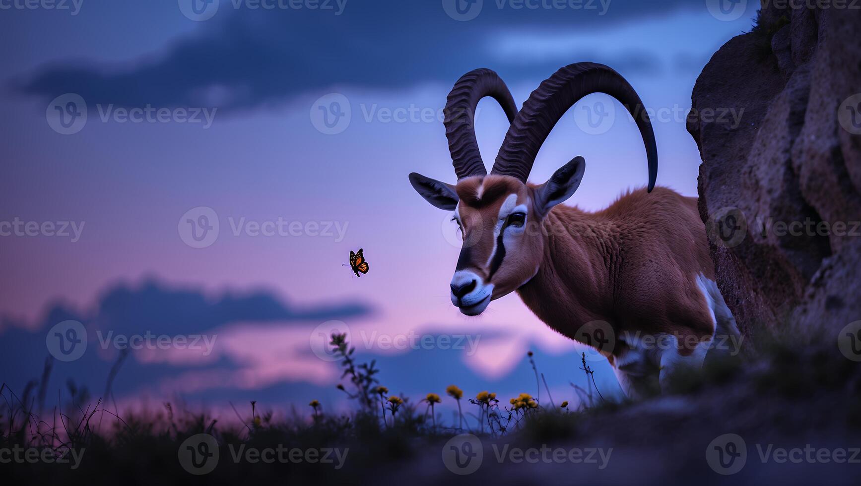 Oryx Gazella with Butterfly in Dreamy Landscape at Dusk photo