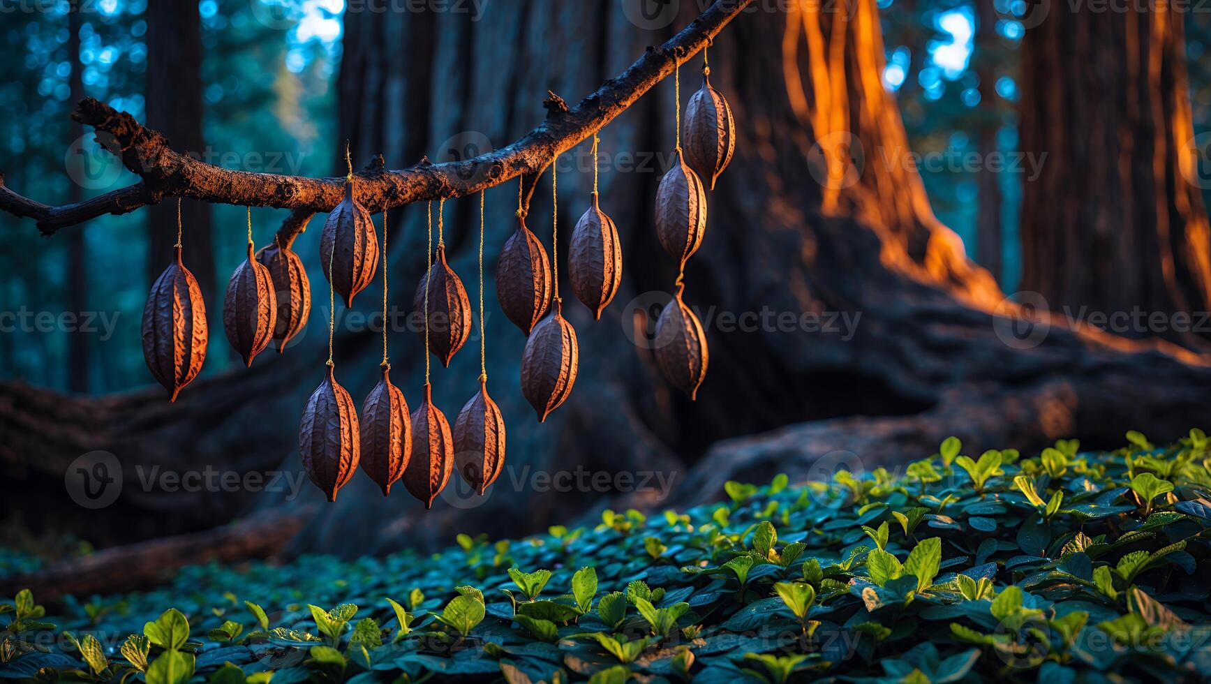 Hanging Pods on Branch in Forest Sunlight Dappled Greenery Floor photo