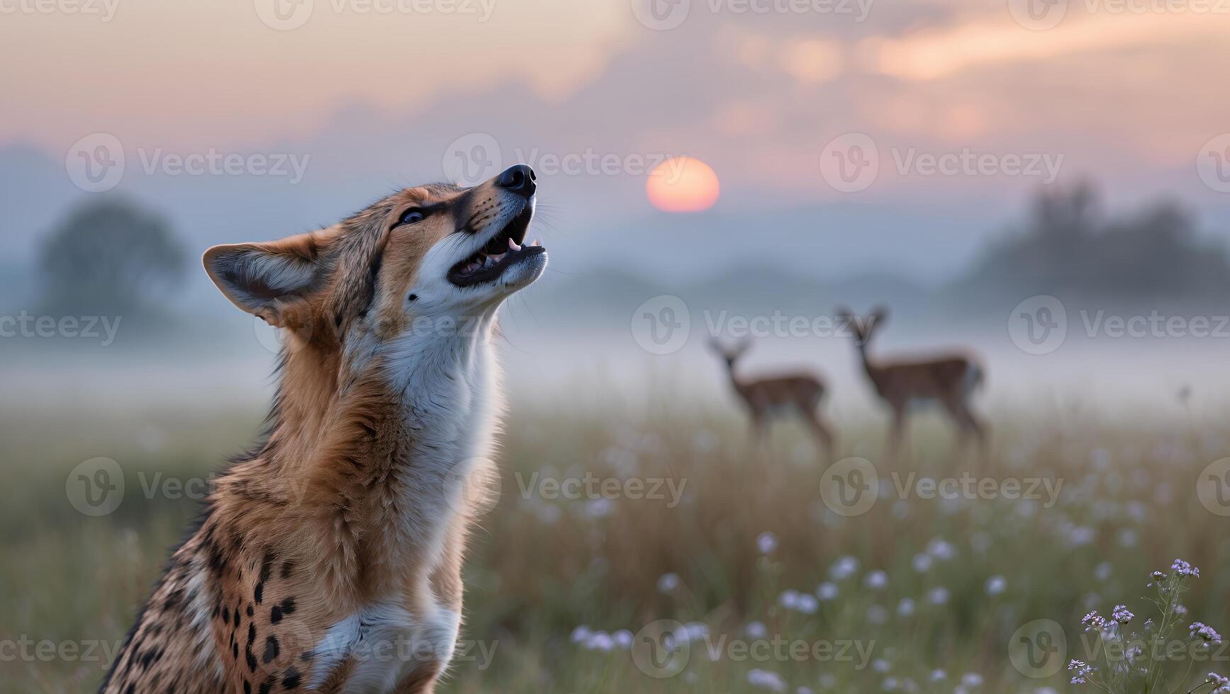 Coyote Howling Under Dawn Sky with Deer in Misty Meadow photo