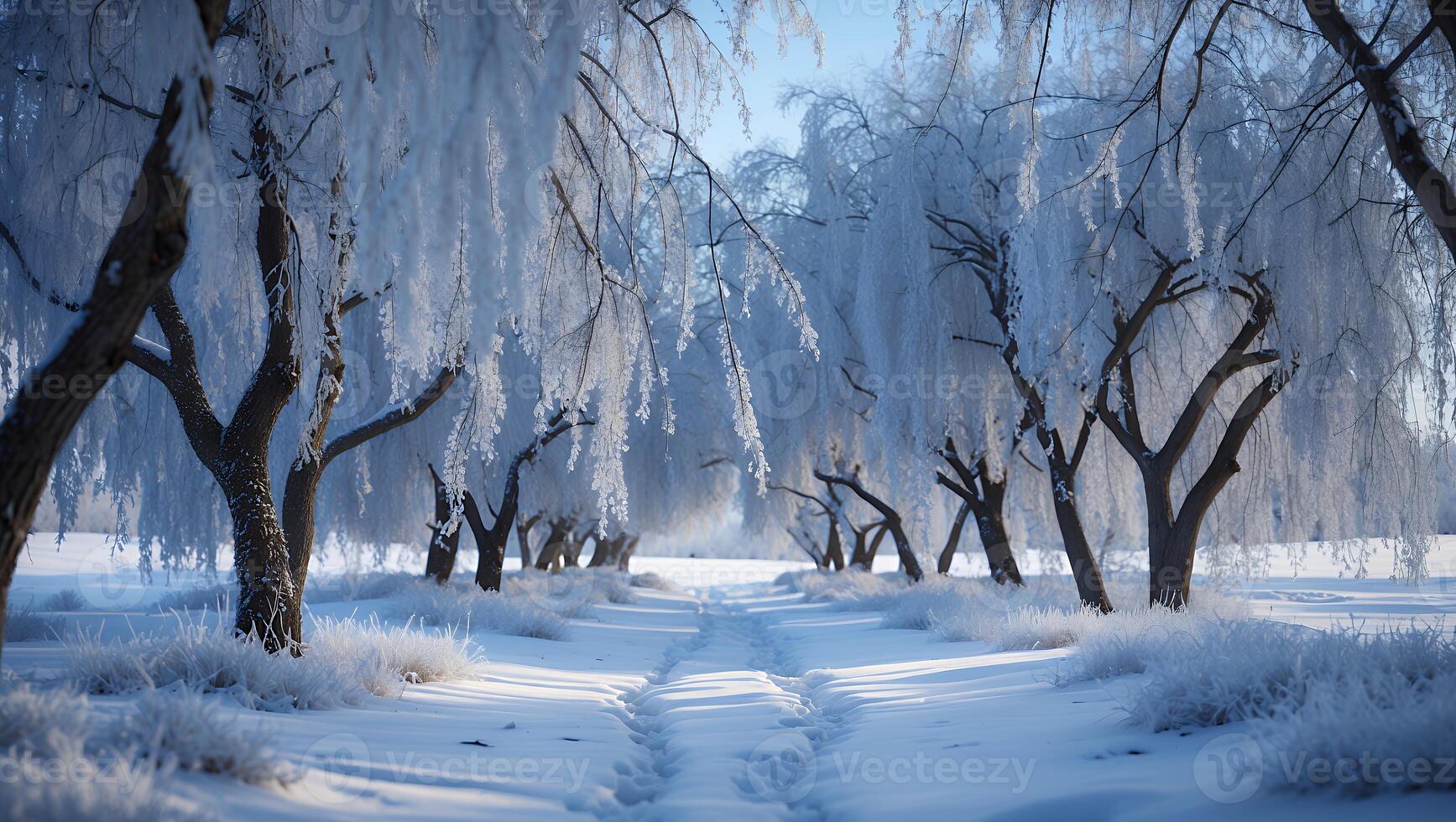 Walking Through Winter Wonderland Snow Covered Trees and Path Landscape photo
