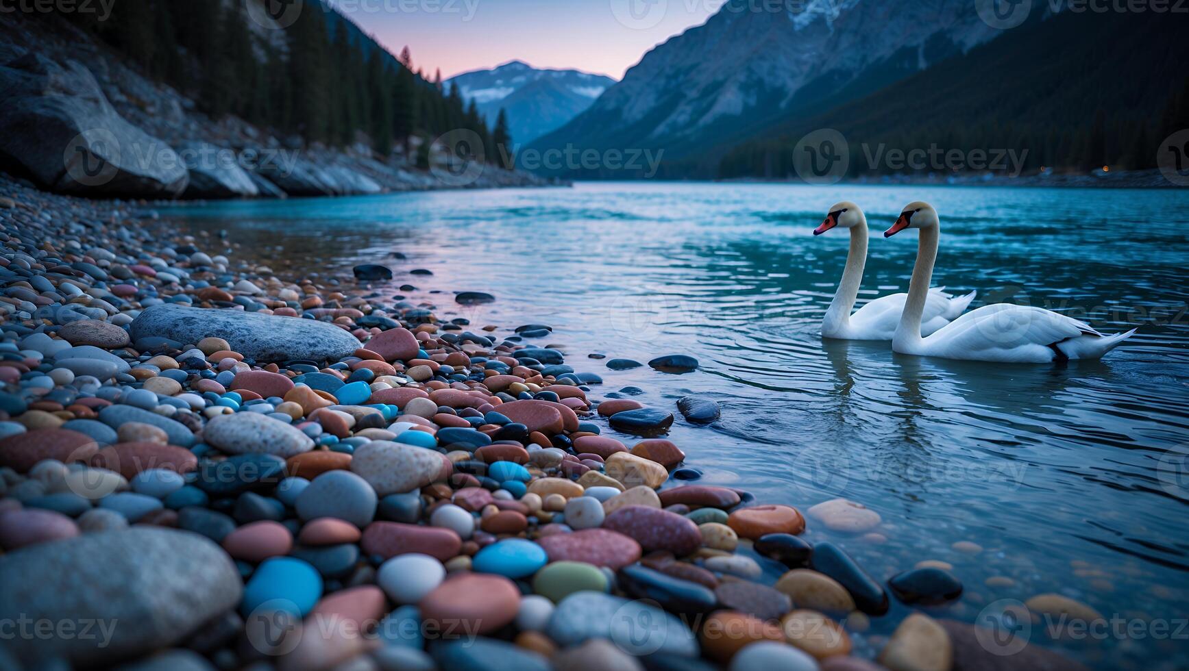 Swans Swimming on a Lake Surrounded by Mountains and Stones photo