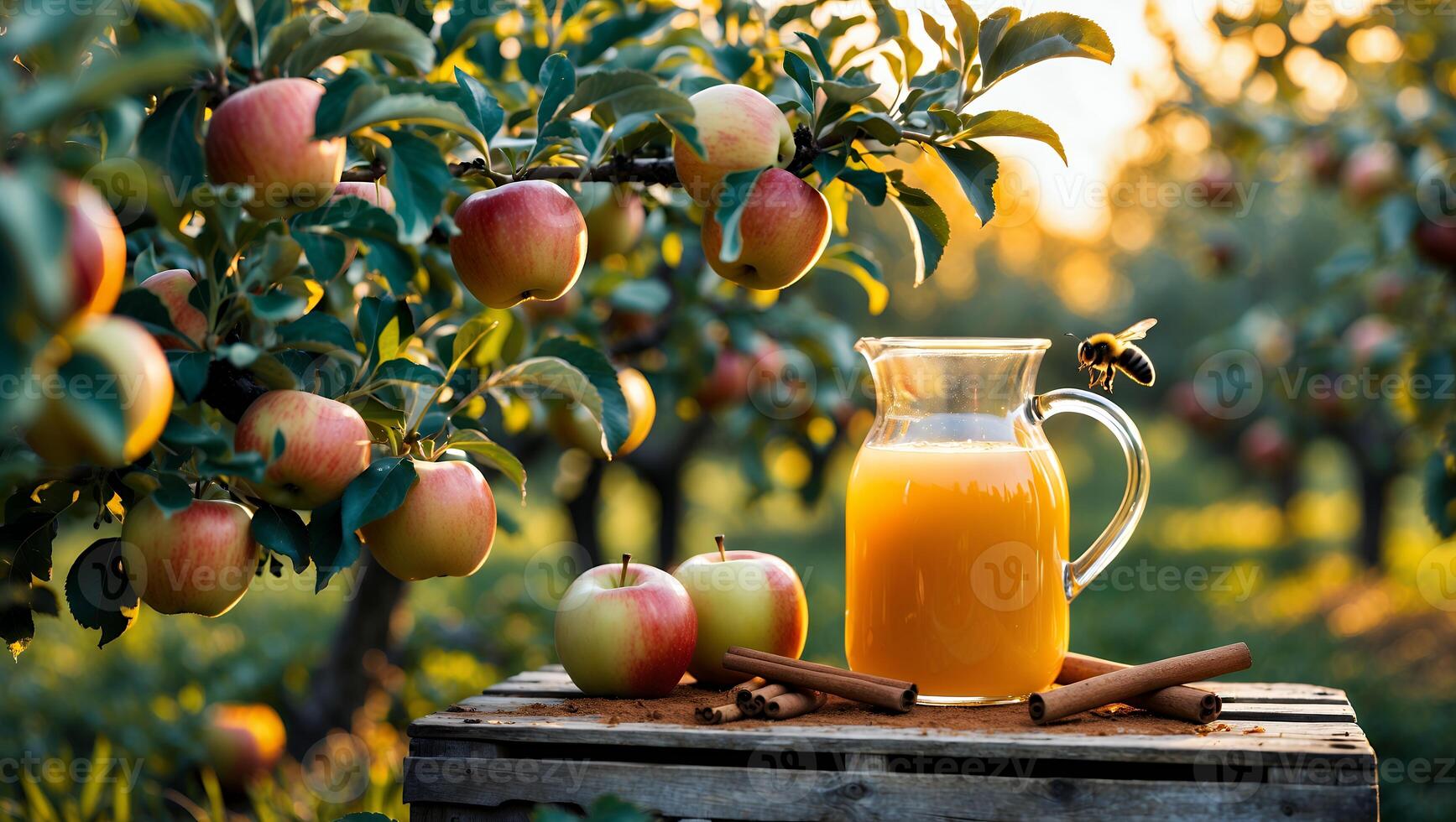 Apple Juice Pitcher in Orchard Setting with Ripe Apples and Cinnamon photo