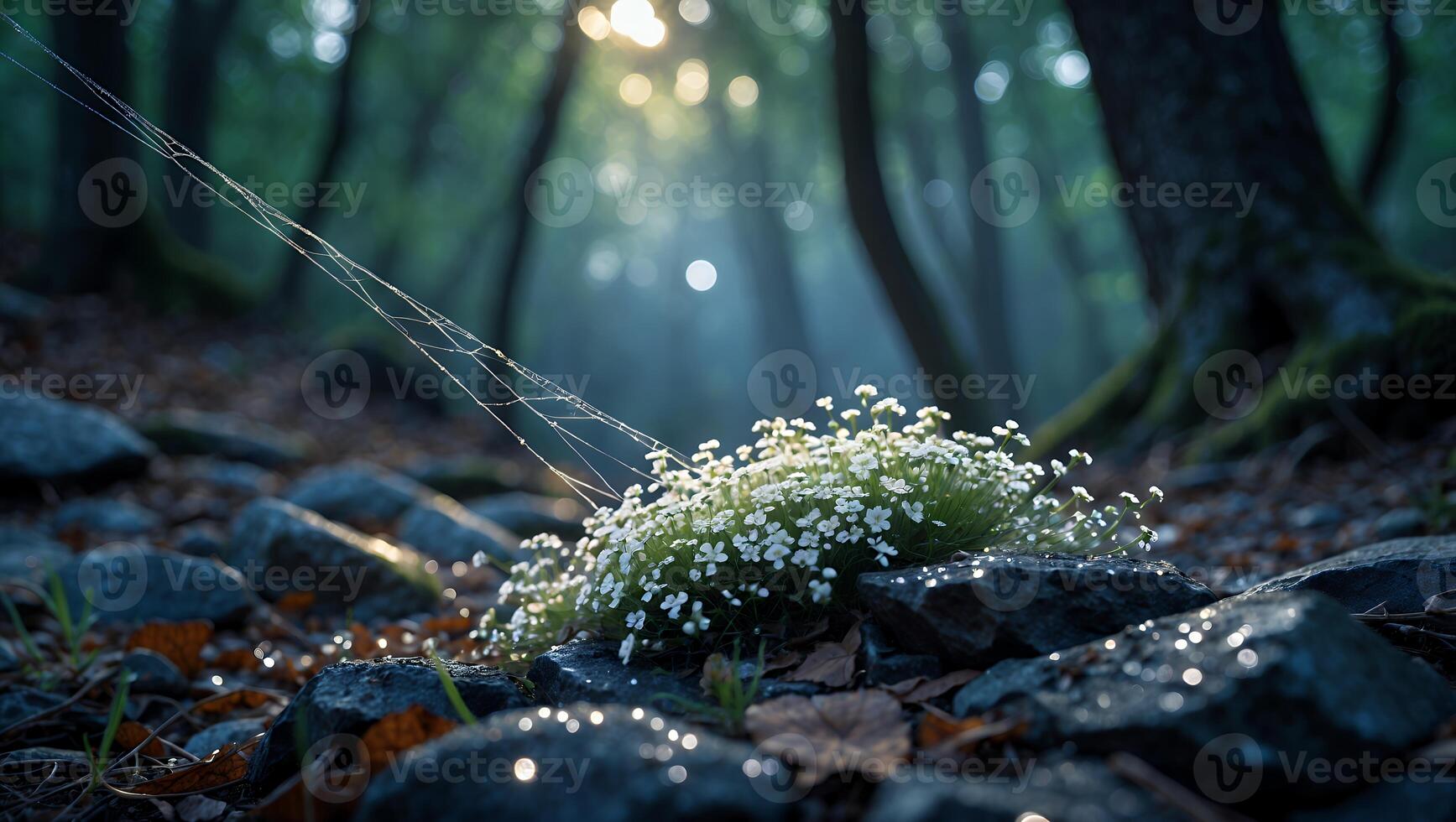 Tiny White Flowers Growing on Rock in Forest with Sunbeams photo