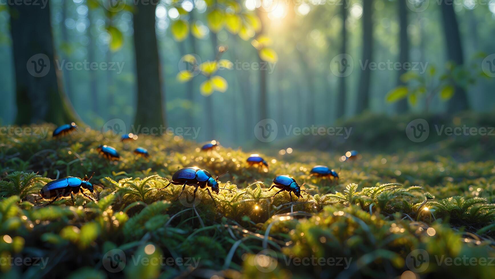 Group of Beetles Foraging in a Misty Forest Illuminated by Sunlight photo