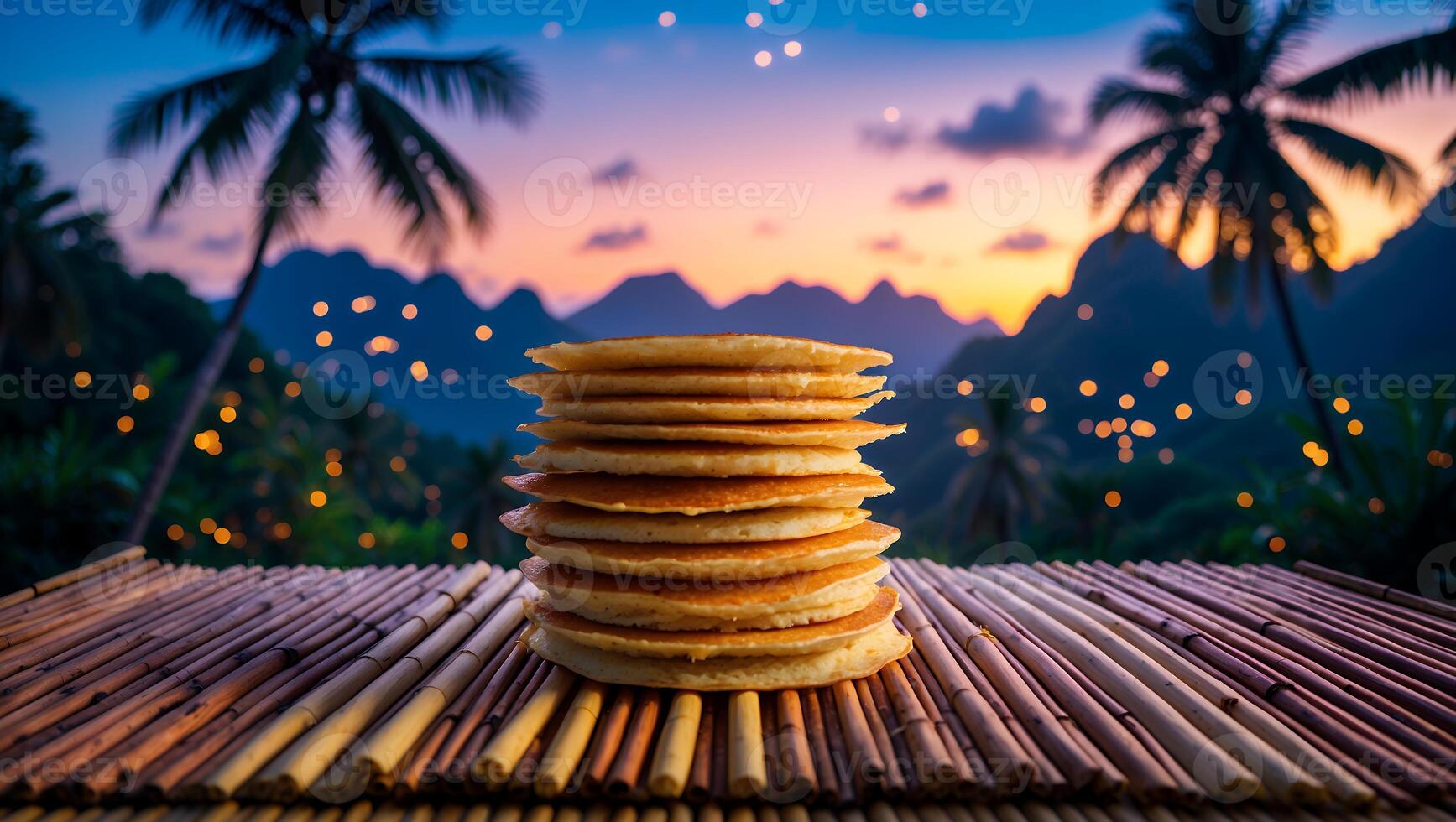 Stack of Pancakes at Tropical Sunset with Palm Trees Background photo