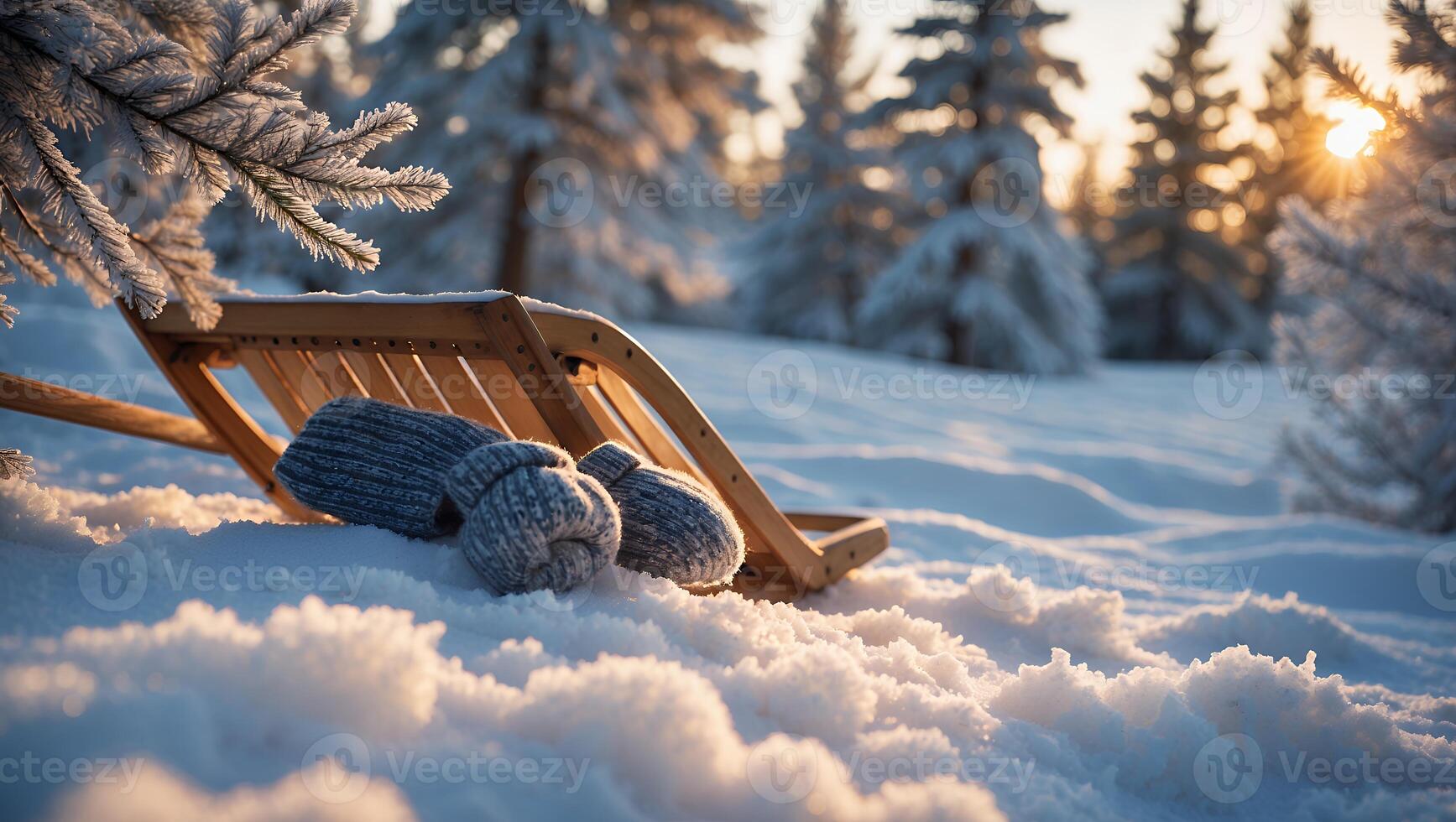 Wooden Sled and Mittens Resting on Fresh Snow in Winter Forest photo