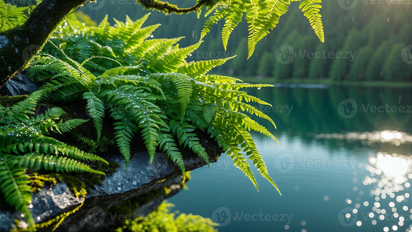 Fern Growing on Rocky Edge Overlooking Calm Lake with Forest Backdrop photo