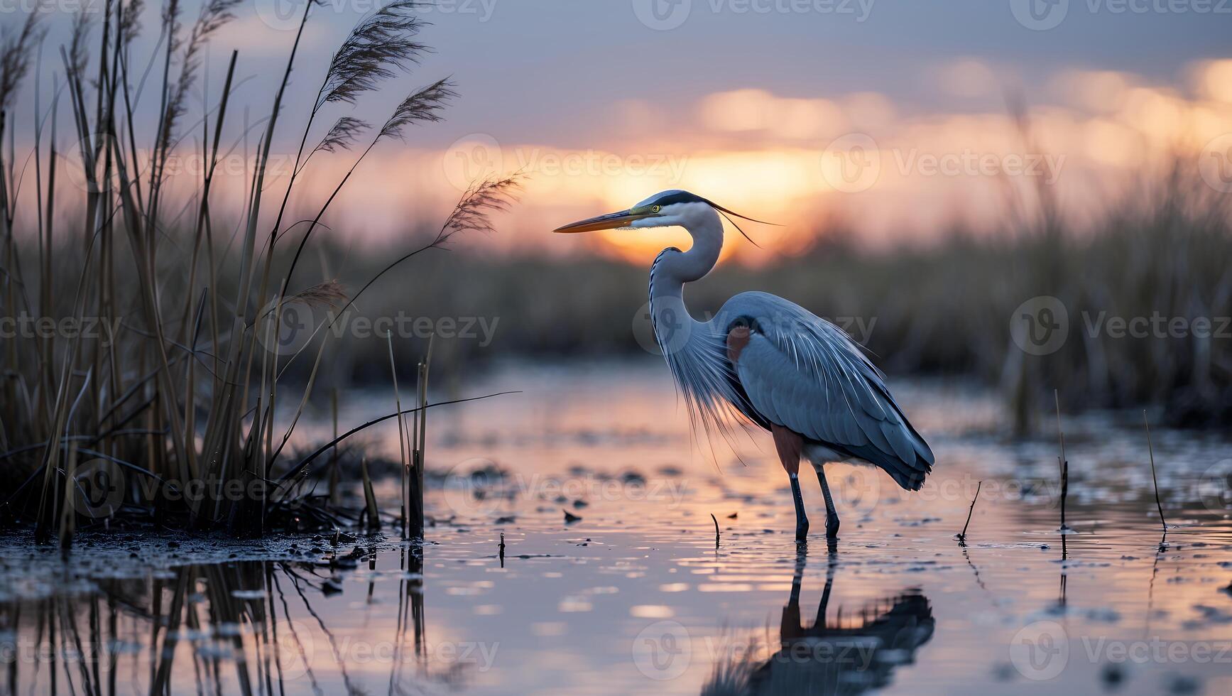 Heron Standing in Shallow Water at Sunrise with Reflection photo