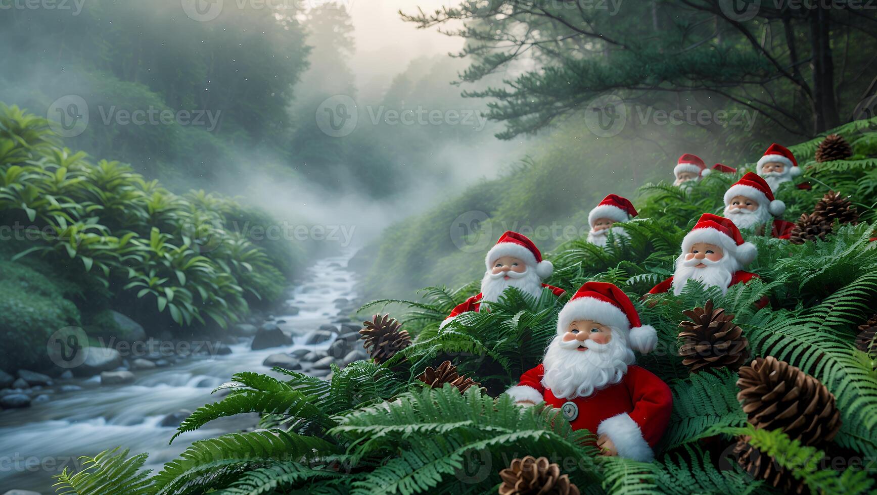 Figures in Red Suits with River View Surrounded by Forest Ferns photo