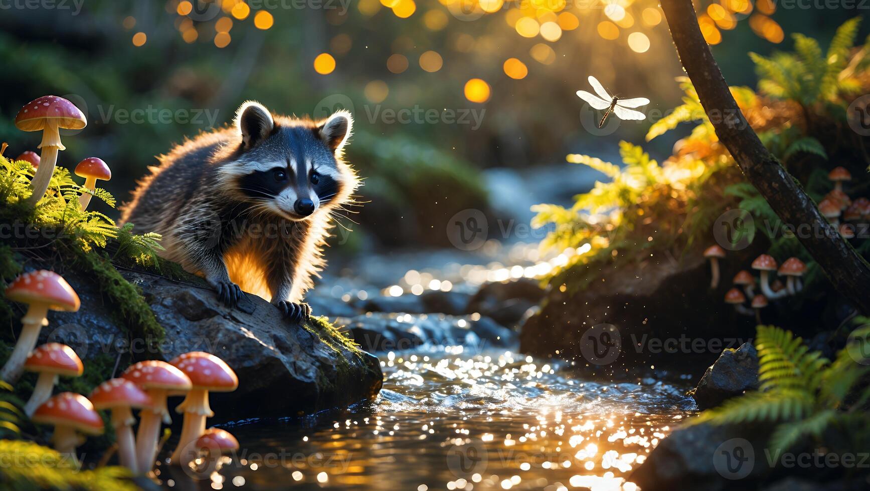 Raccoon on Rock by Stream with Dragonfly and Toadstool Mushrooms photo