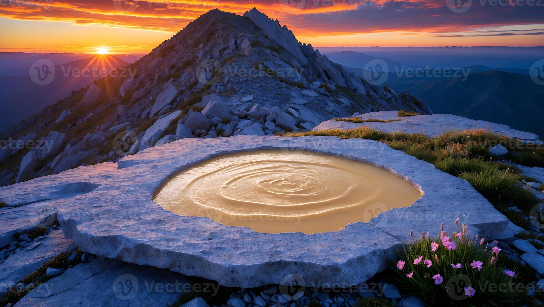 Mountain Peak Reflecting Sunrise Light Onto a Stone Pool Formation photo