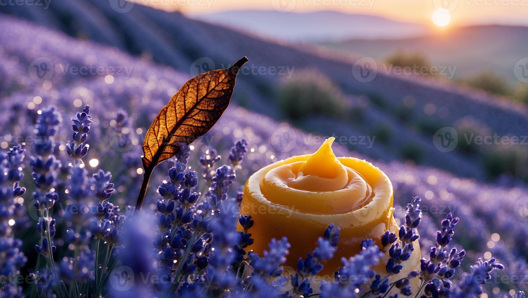 Swirl of Creamy Texture Displayed Amid Lavender Field at Sunset photo