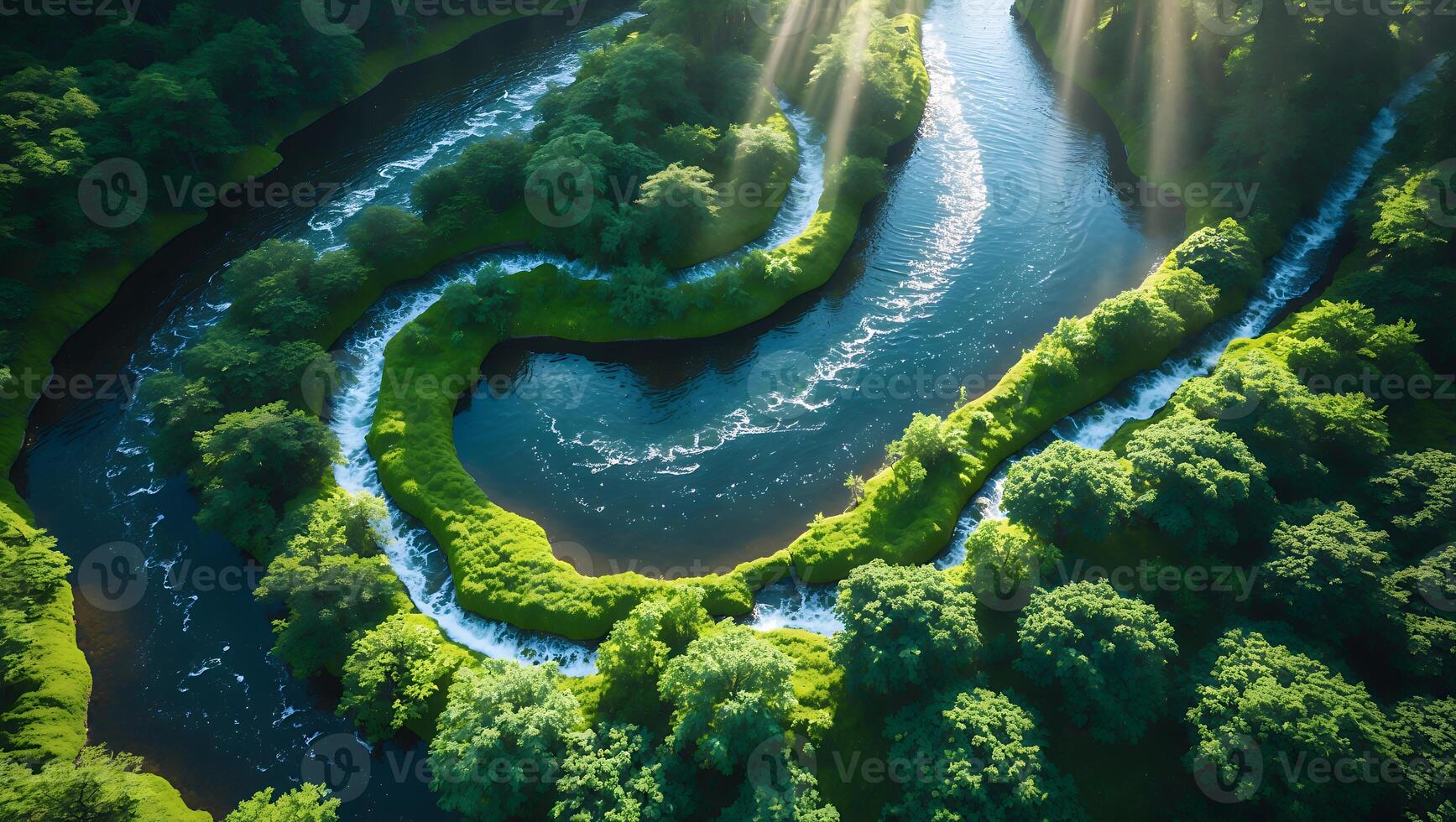 Aerial View of Winding River Through Forest with Sunlight Streaming Through photo