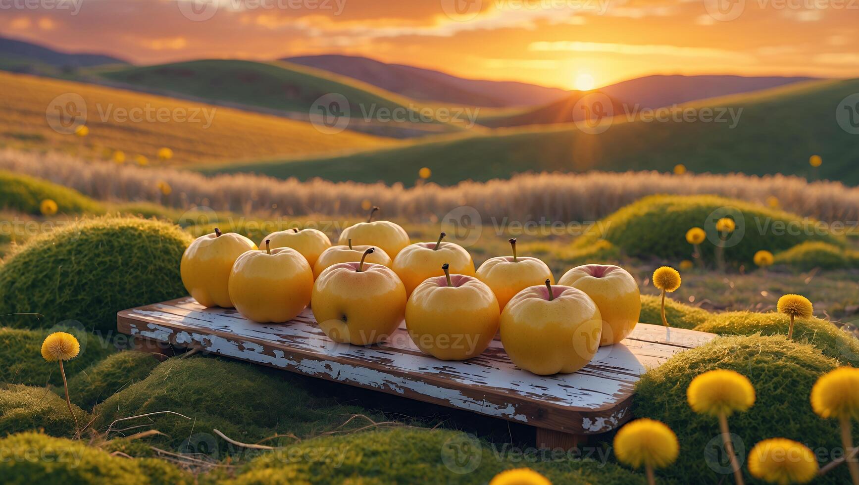 Golden Apples Displayed on Wooden Board in a Field at Sunset photo