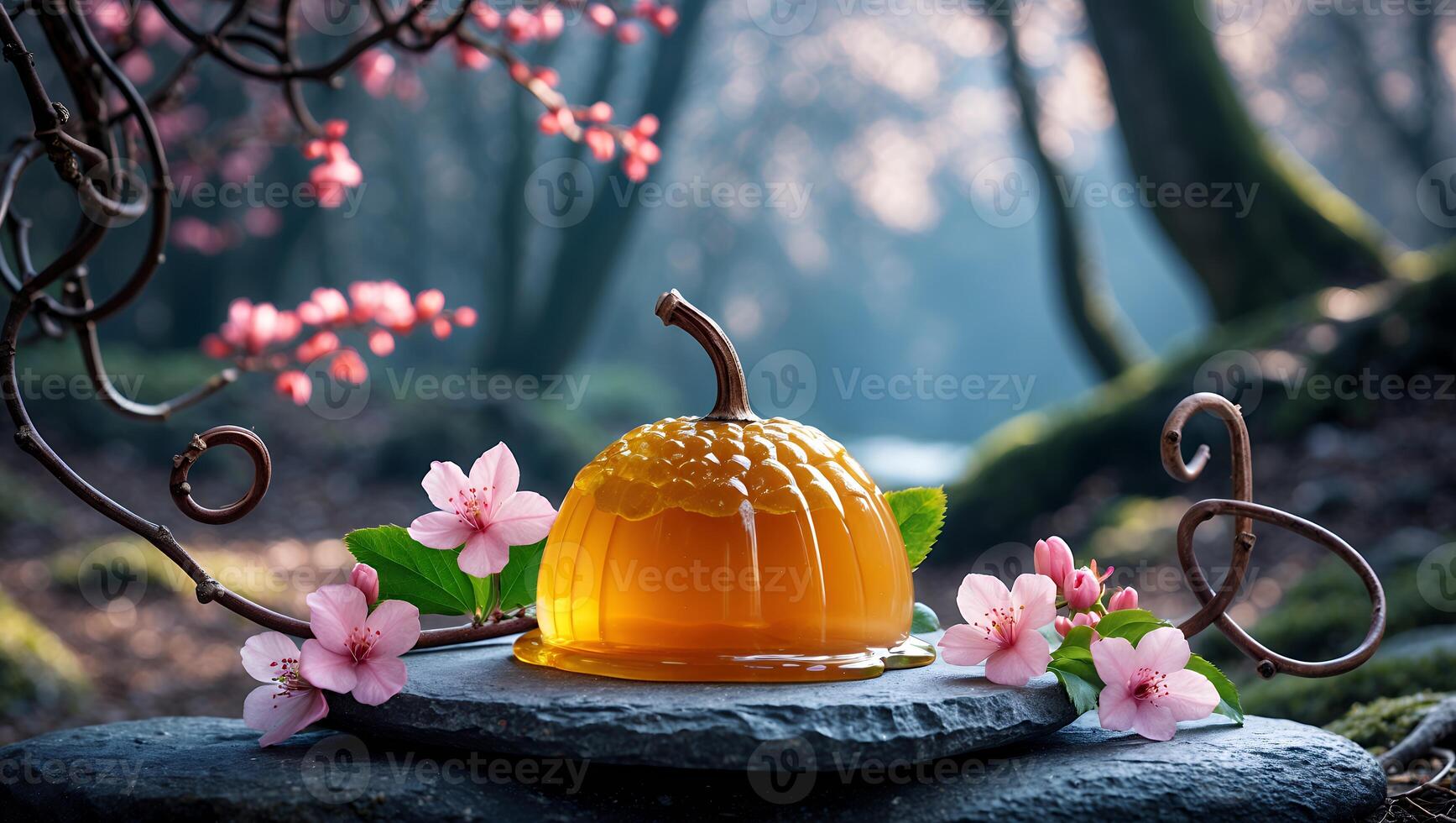 Jelly Dessert Resembling Pumpkin with Blossoms in Nature Setting photo