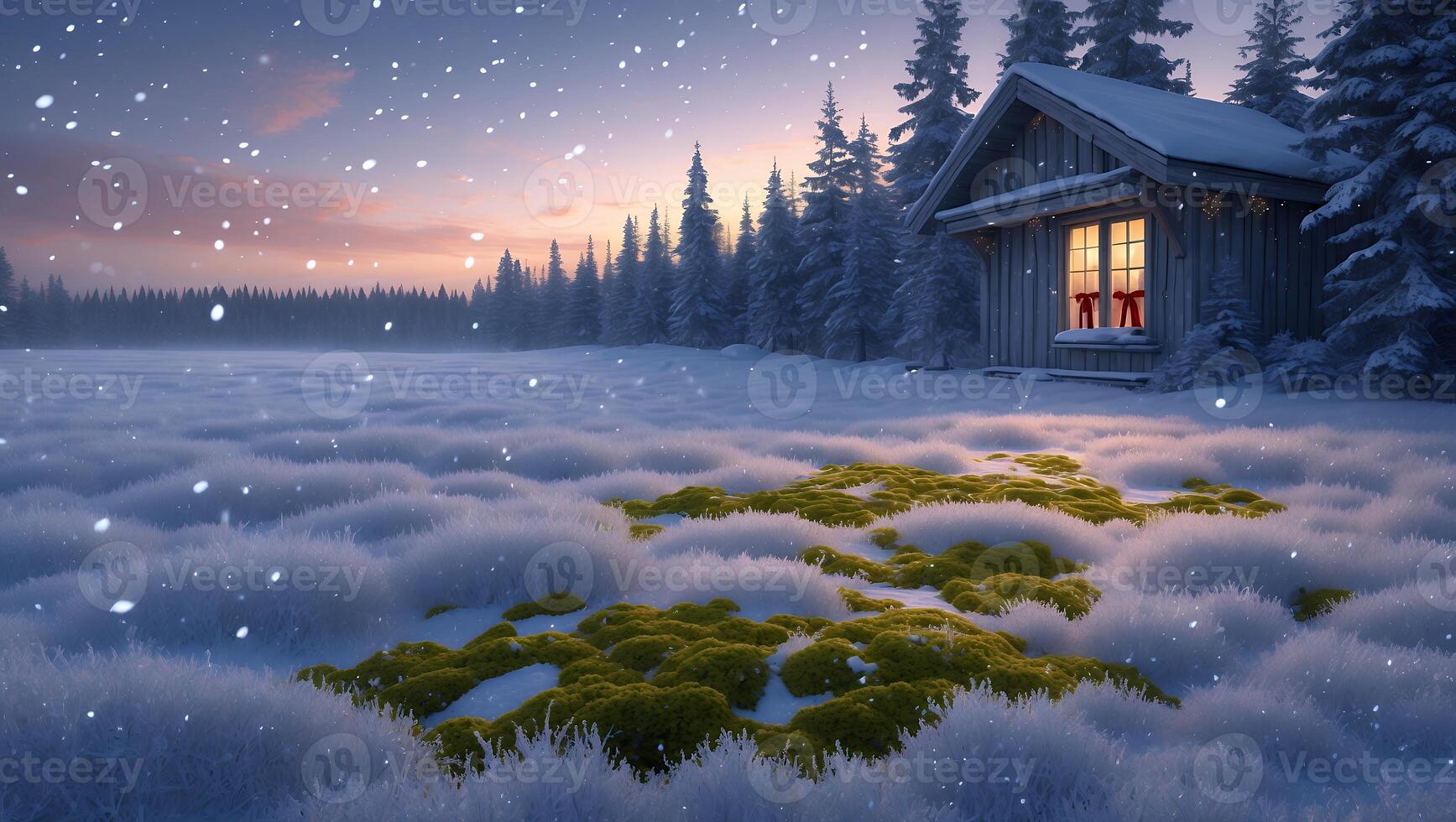 Winter Cabin in Snowy Landscape with Pine Trees and Falling Snow photo