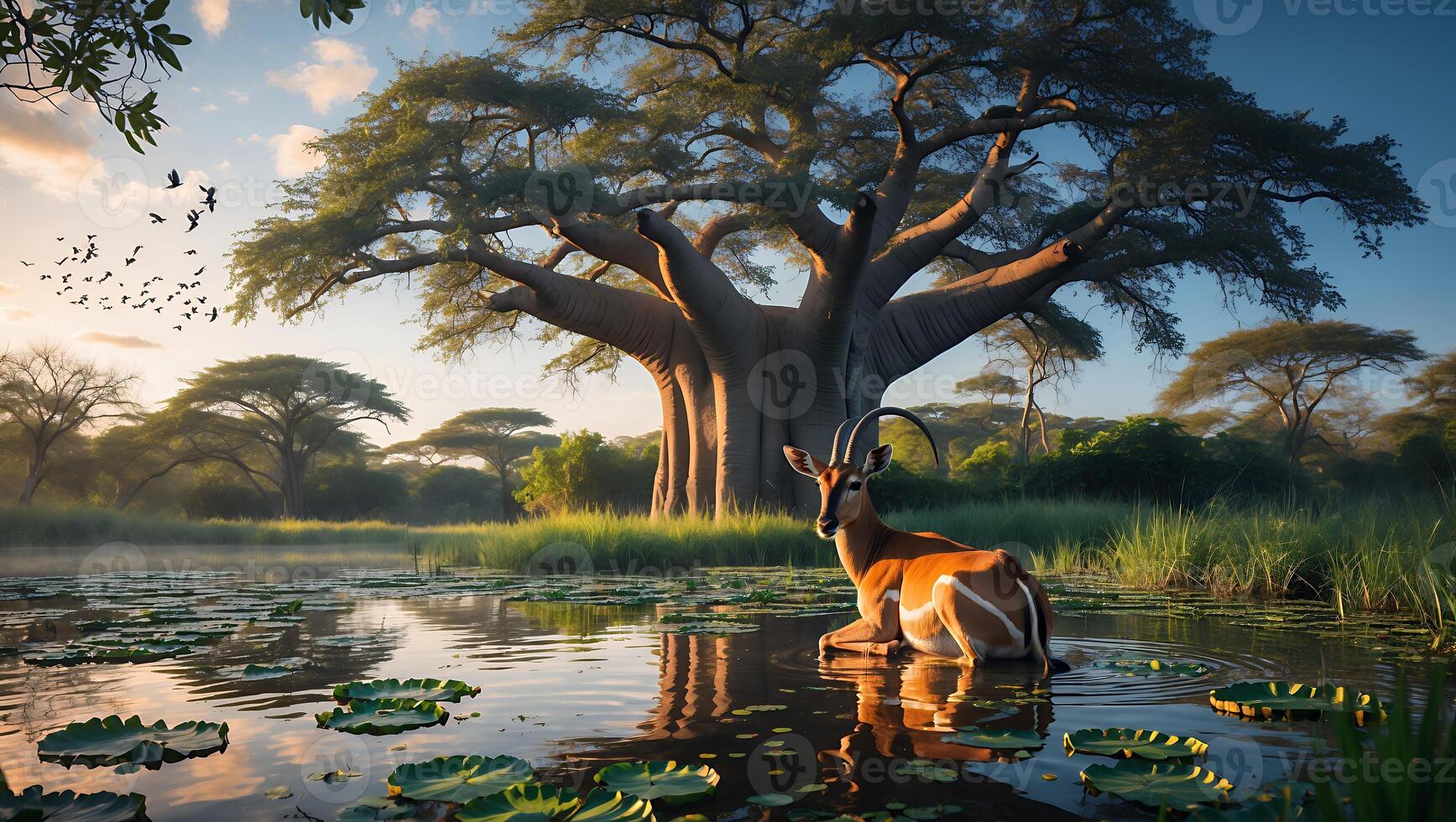 Antelope Resting in Pond Near Baobab Tree at Sunrise in Savannah photo