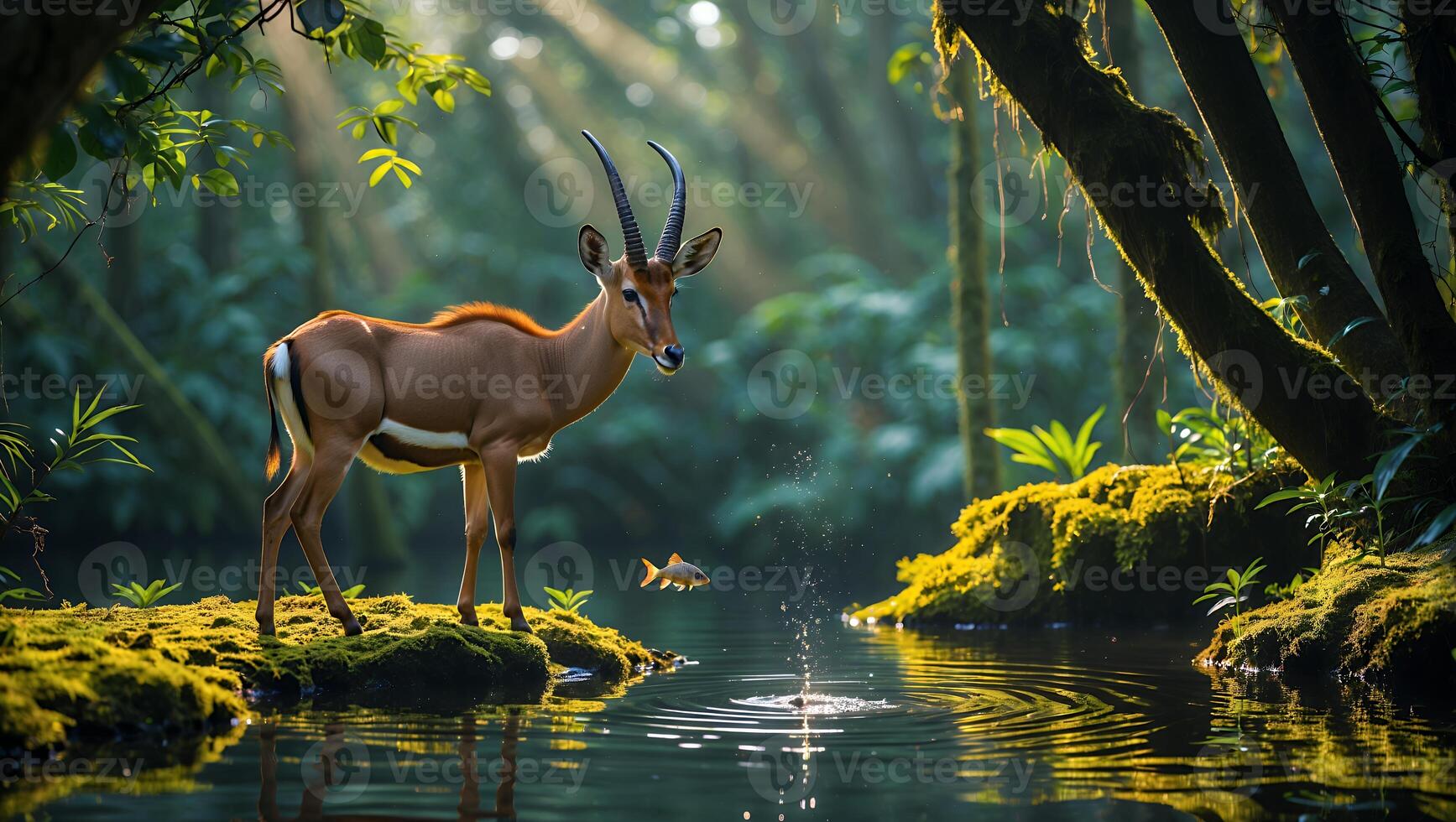 Antelope Standing Near Water with Fish Jumping in Forest Light photo
