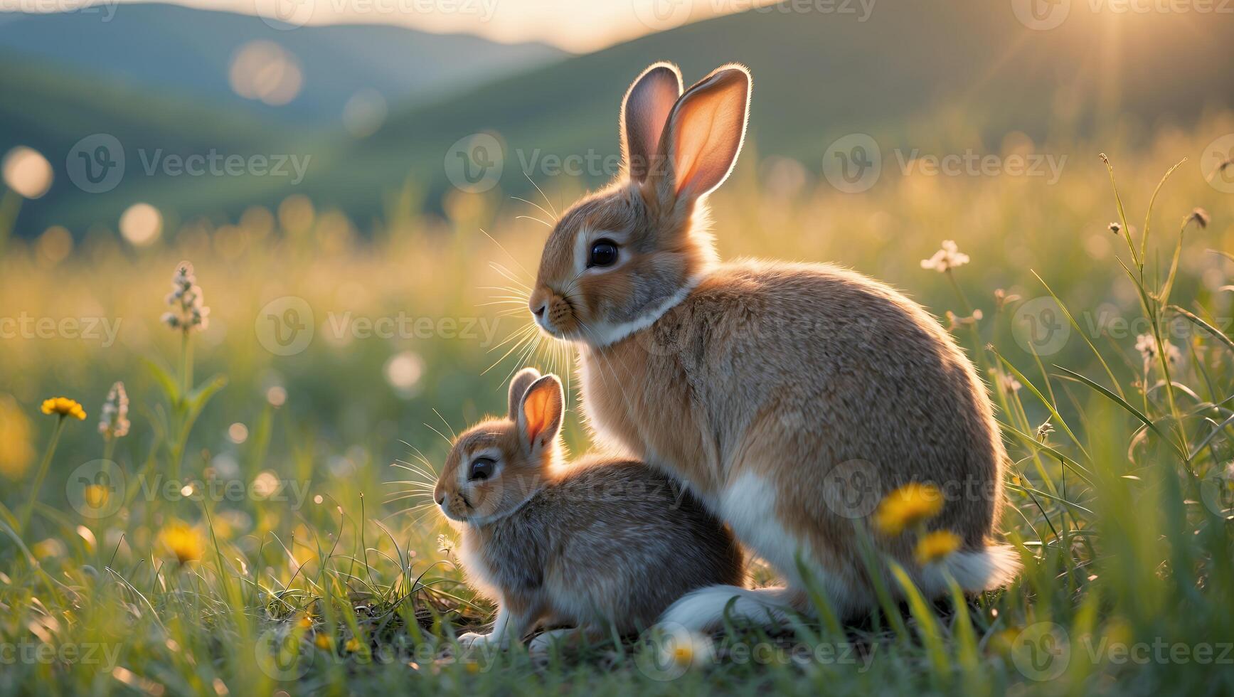 Two Rabbits Sitting in a Grassy Field During Golden Hour photo