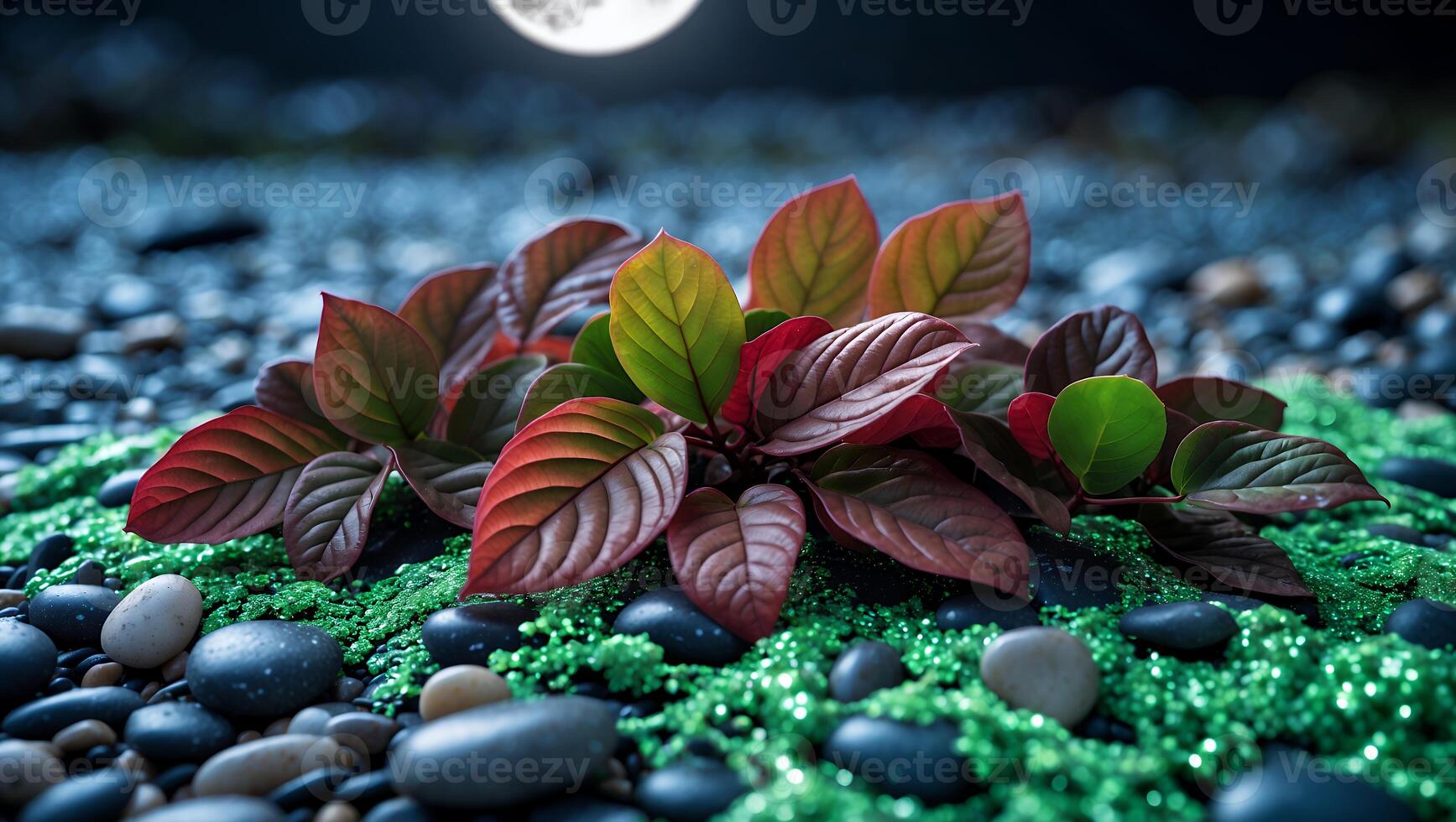 Red Leaf Plant Growing on Mossy Rocks with Nighttime Moon Glow photo