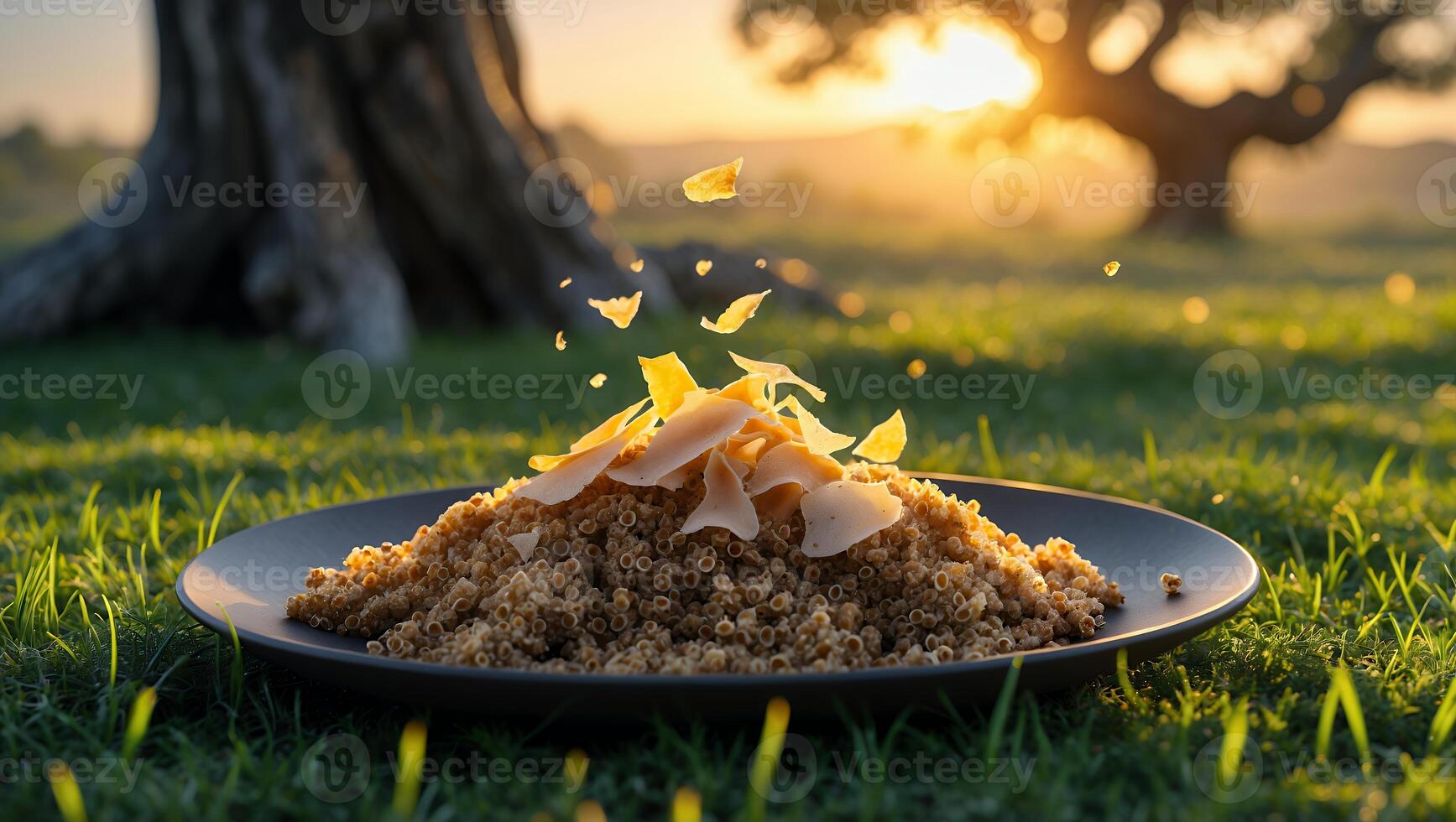 Dish with Quinoa Topped with Chips on Plate in Grassy Field photo