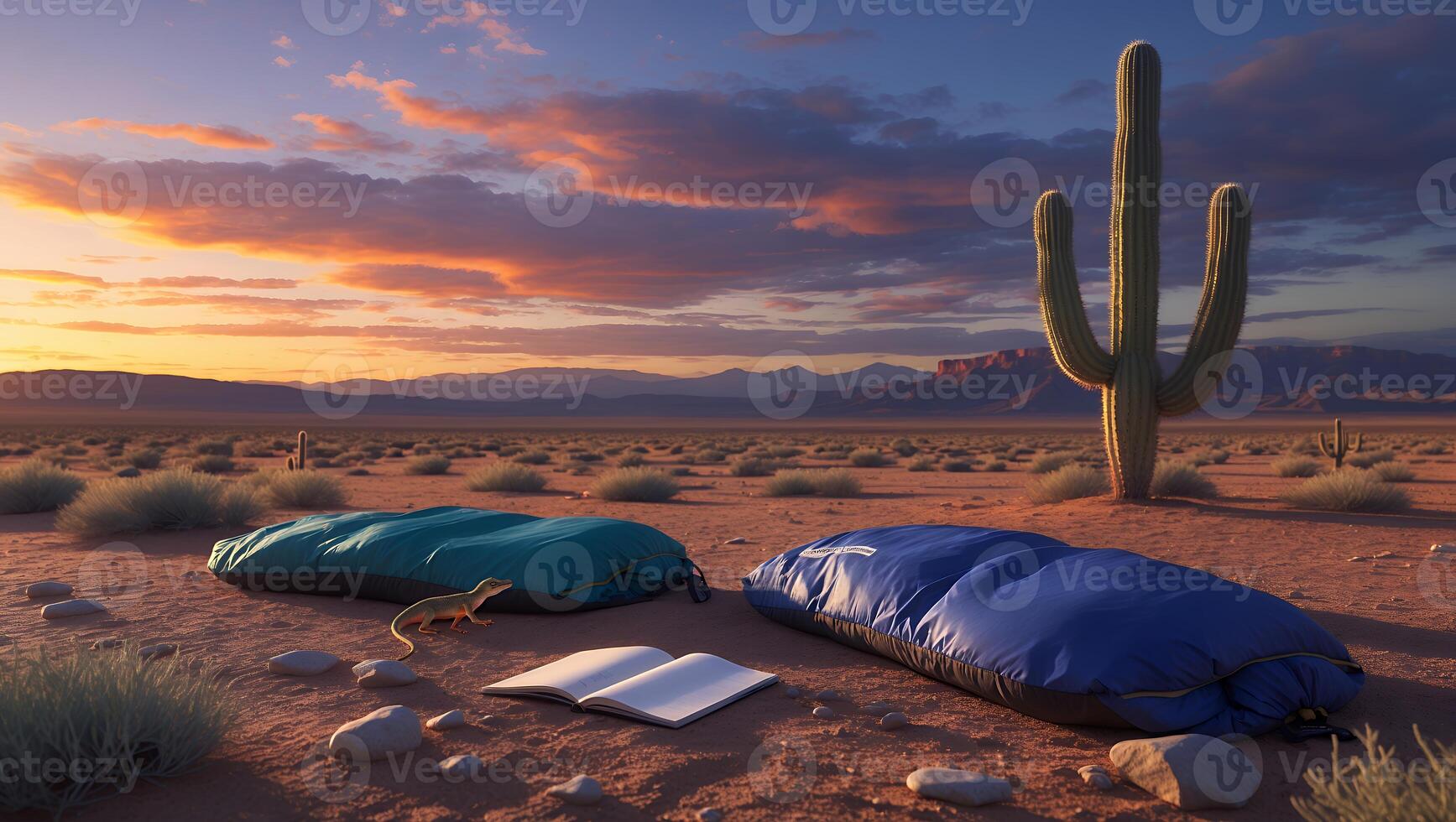 Desert Camping with Sleeping Bags, Open Book and Sunset Scenery photo