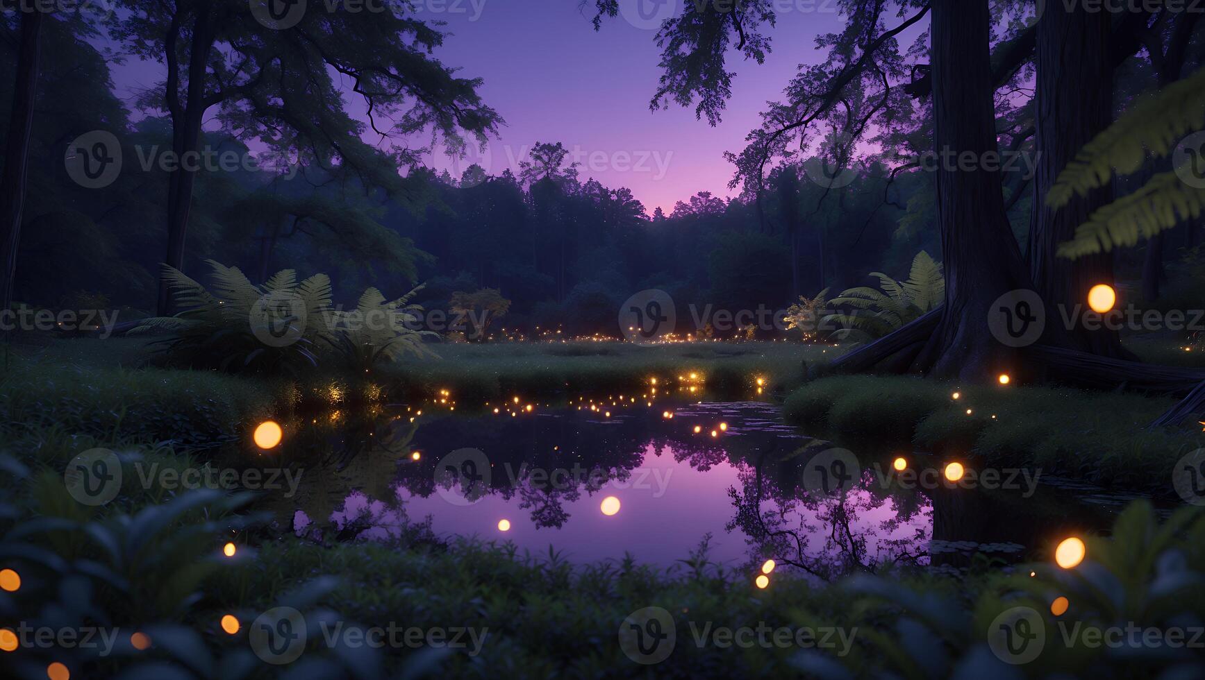 Glowing Lights Reflecting in Forest Pond at Twilight Creating Magical Scene photo