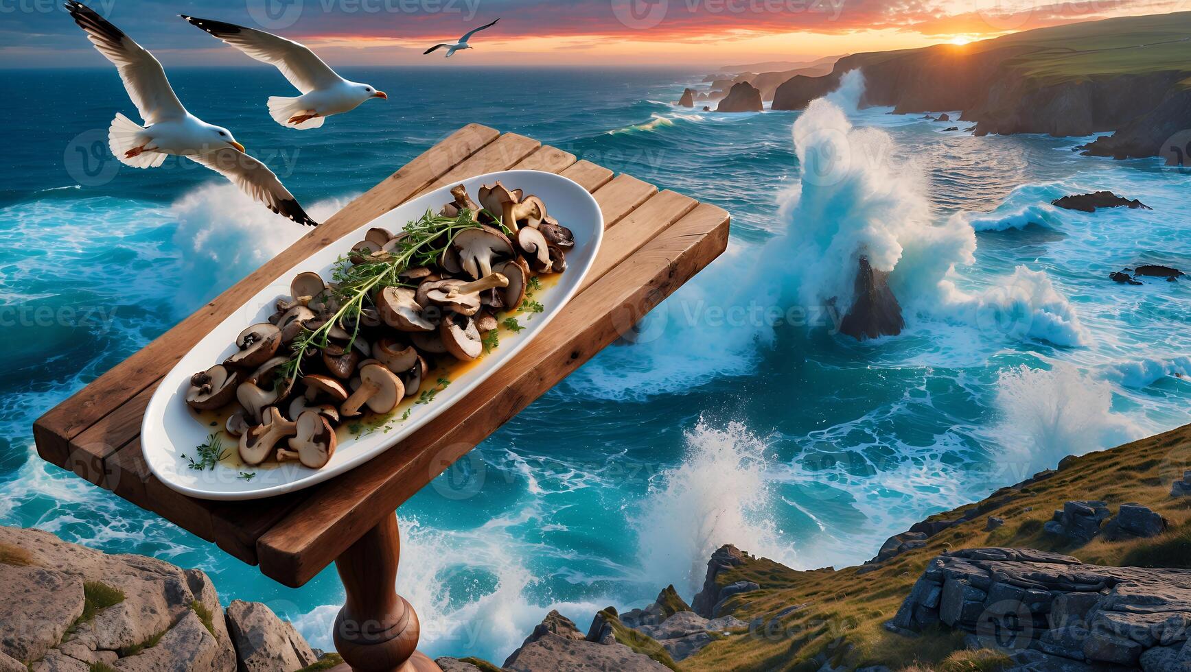 Mushroom Dish at Ocean Coastline with Waves and Sunset photo