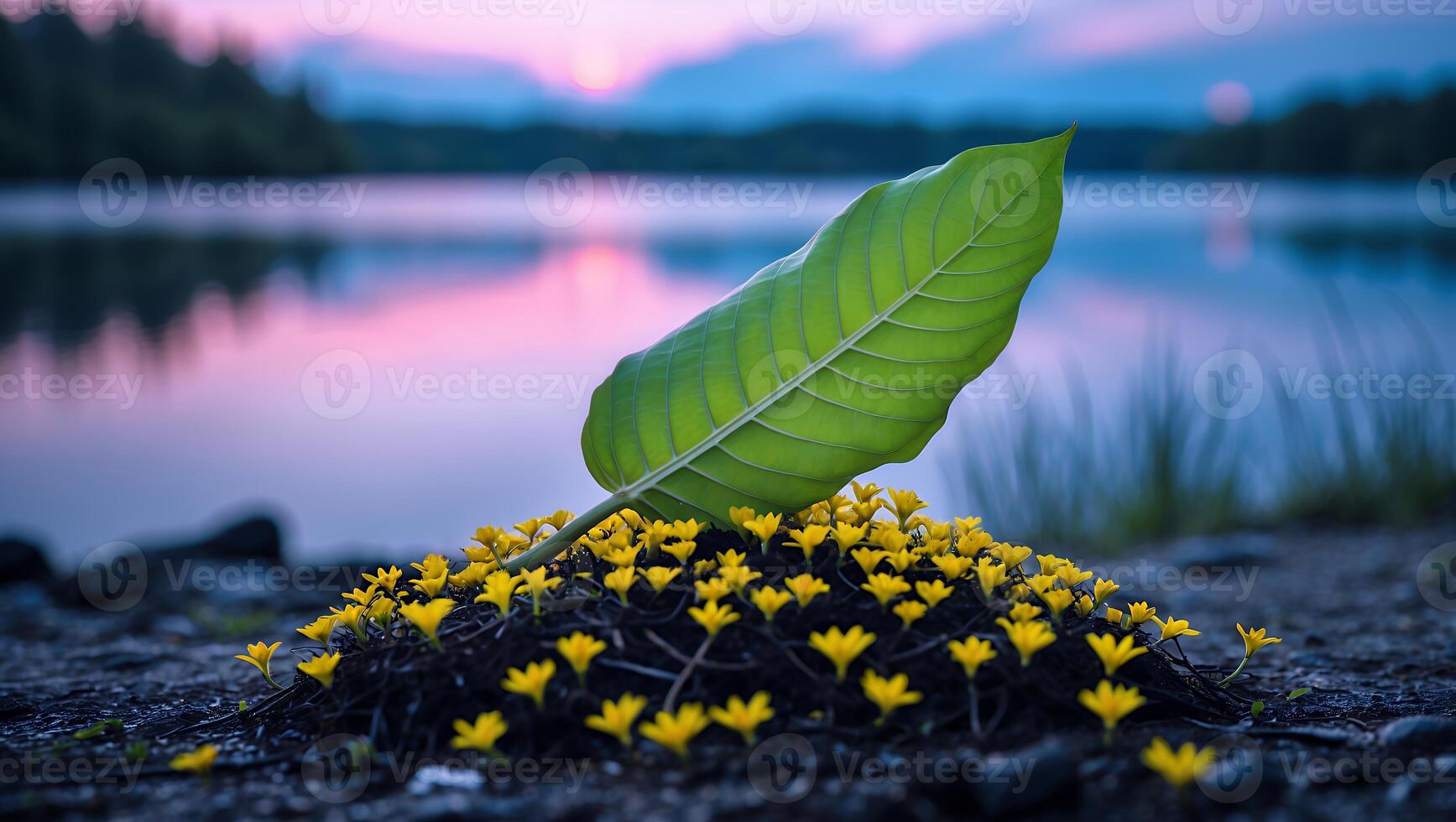 Large Leaf and Small Yellow Flowers by Lake at Sunset photo