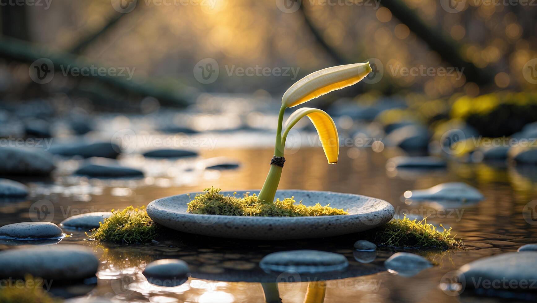 Sprout Growing in Shallow River Water Reflecting Sunrise Glow photo