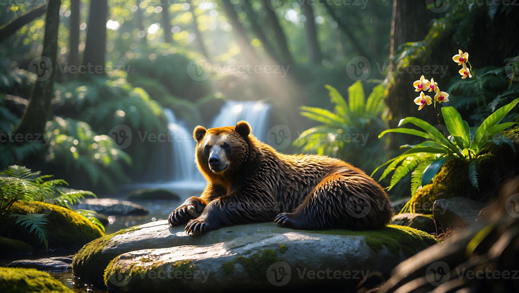 Bear Resting Near Waterfall in Forest with Sunlight Streaming Through photo