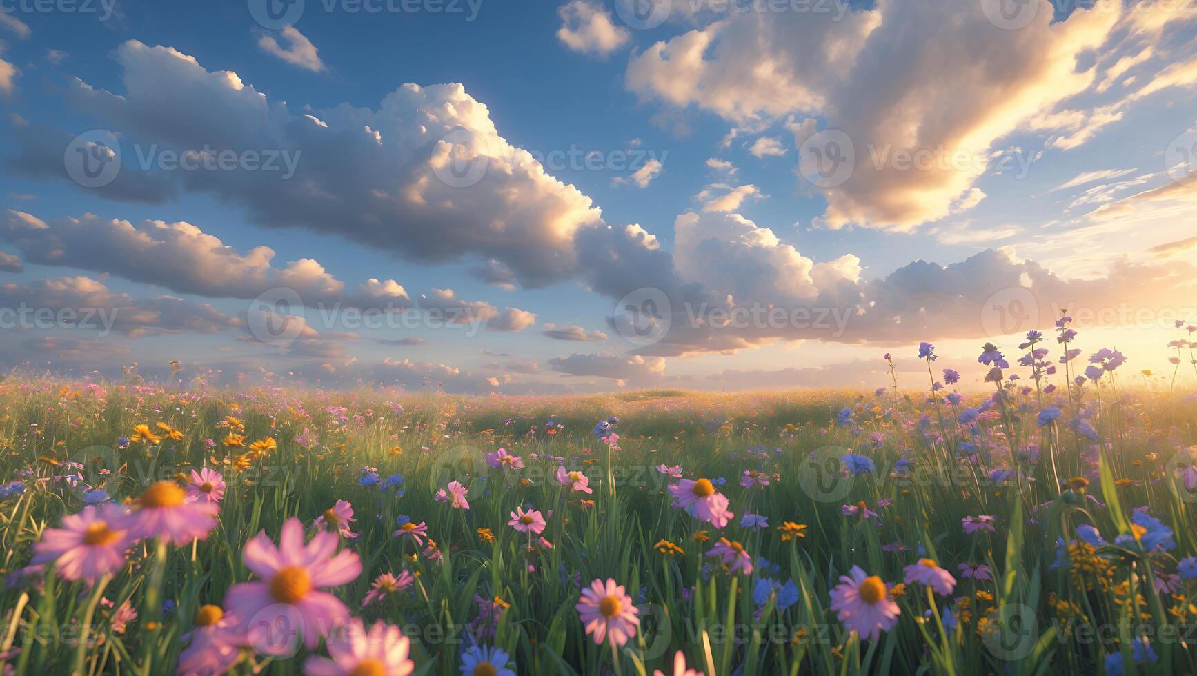 Flower Field Under Cloudy Blue Sky at Sunset Radiating Peaceful Light photo