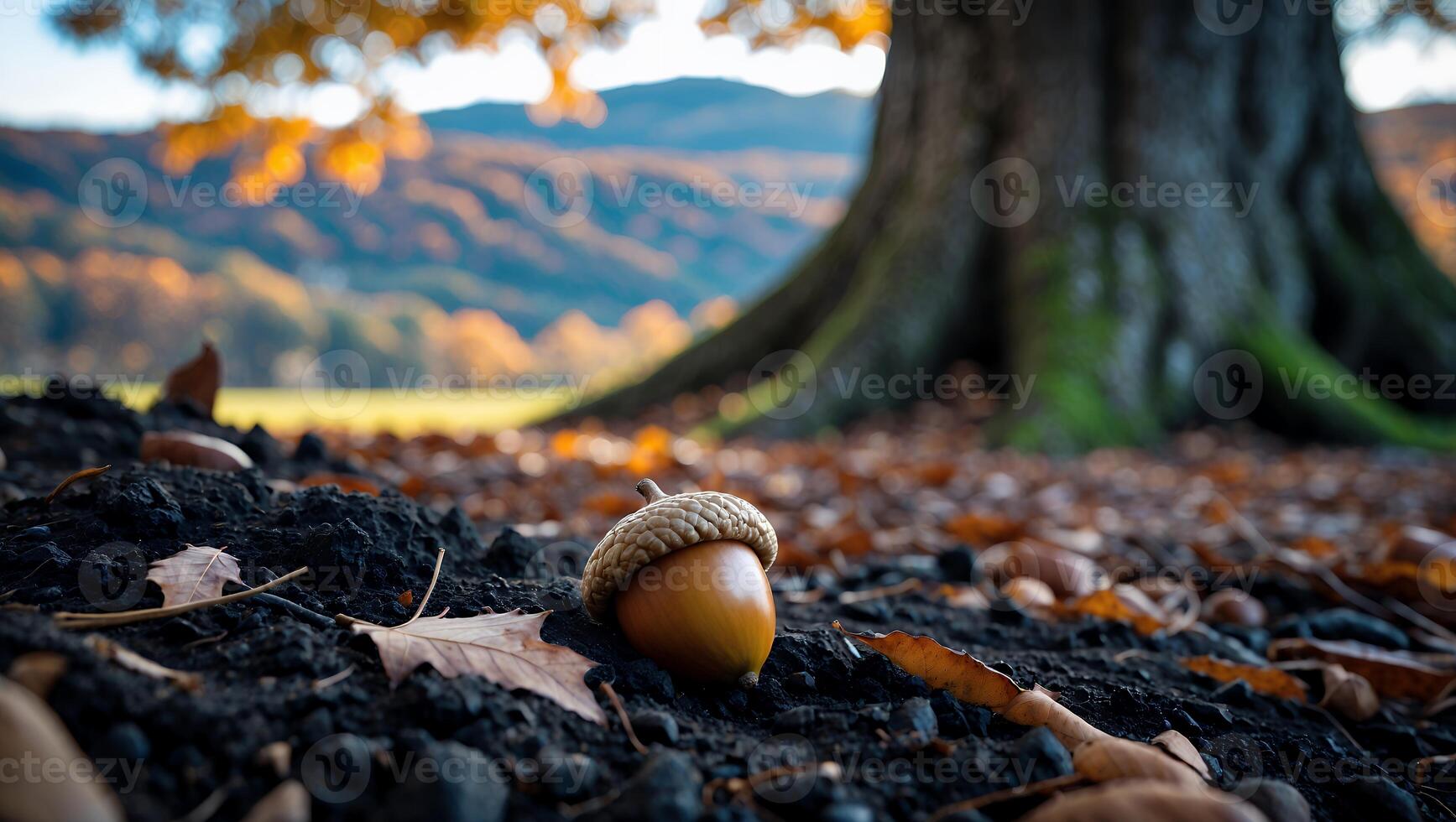 Acorn on Soil with Tree and Autumn Landscape Background photo